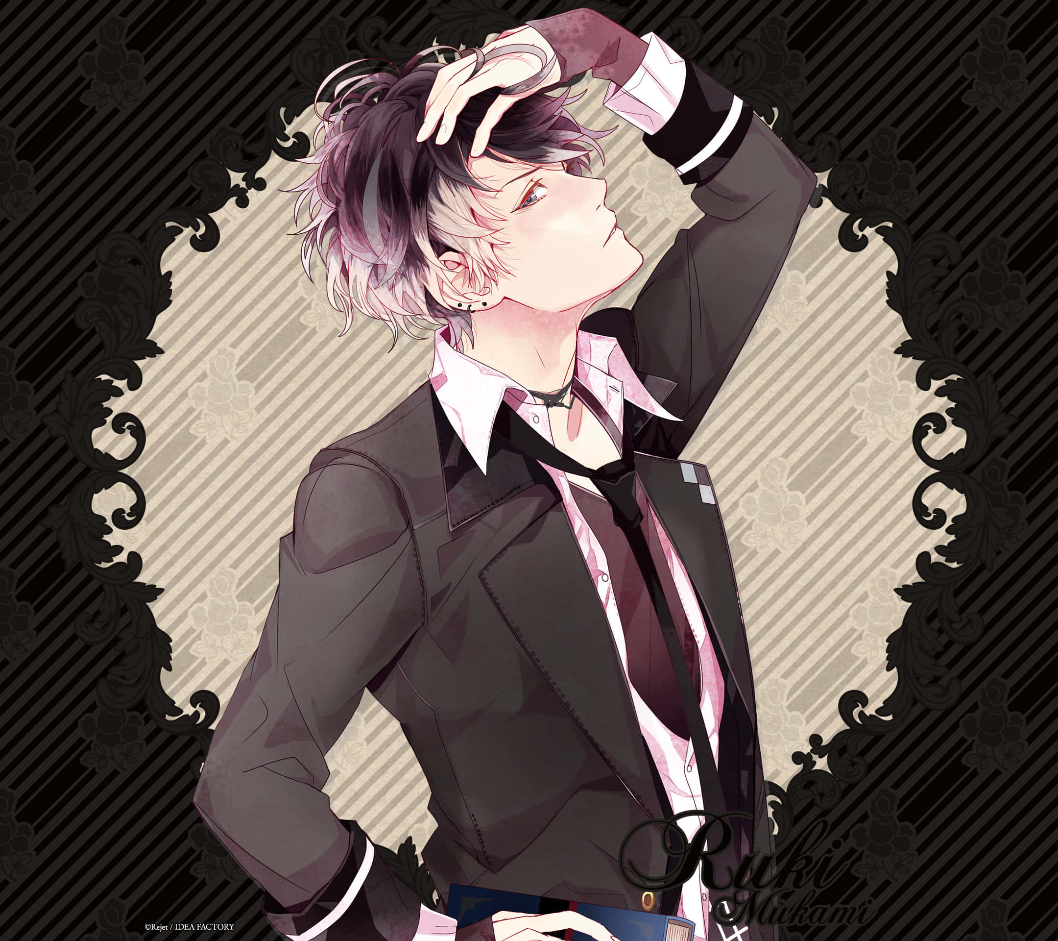 Diabolik Lovers 桌布 壁紙 — 一位時尚的動畫男性，紫色頭髮，穿著黑色西裝，在華麗的黑色和米色背景前自信地擺姿勢。
