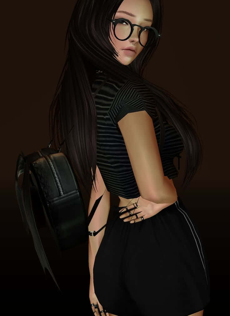 imvu 桌布 壁紙 — 一位時尚的年輕女性，長長的黑髮和圓框眼鏡，轉頭越過肩膀，身穿條紋上衣和黑色短褲，背著背包。