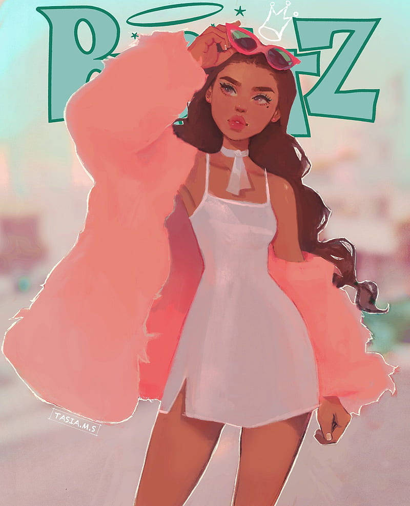 Black Girl Cartoon 桌布 壁紙 — 一位時尚的年輕女性穿著白色連衣裙和粉紅色外套，頭戴太陽眼鏡，在柔和的粉彩背景前自信地擺姿勢。