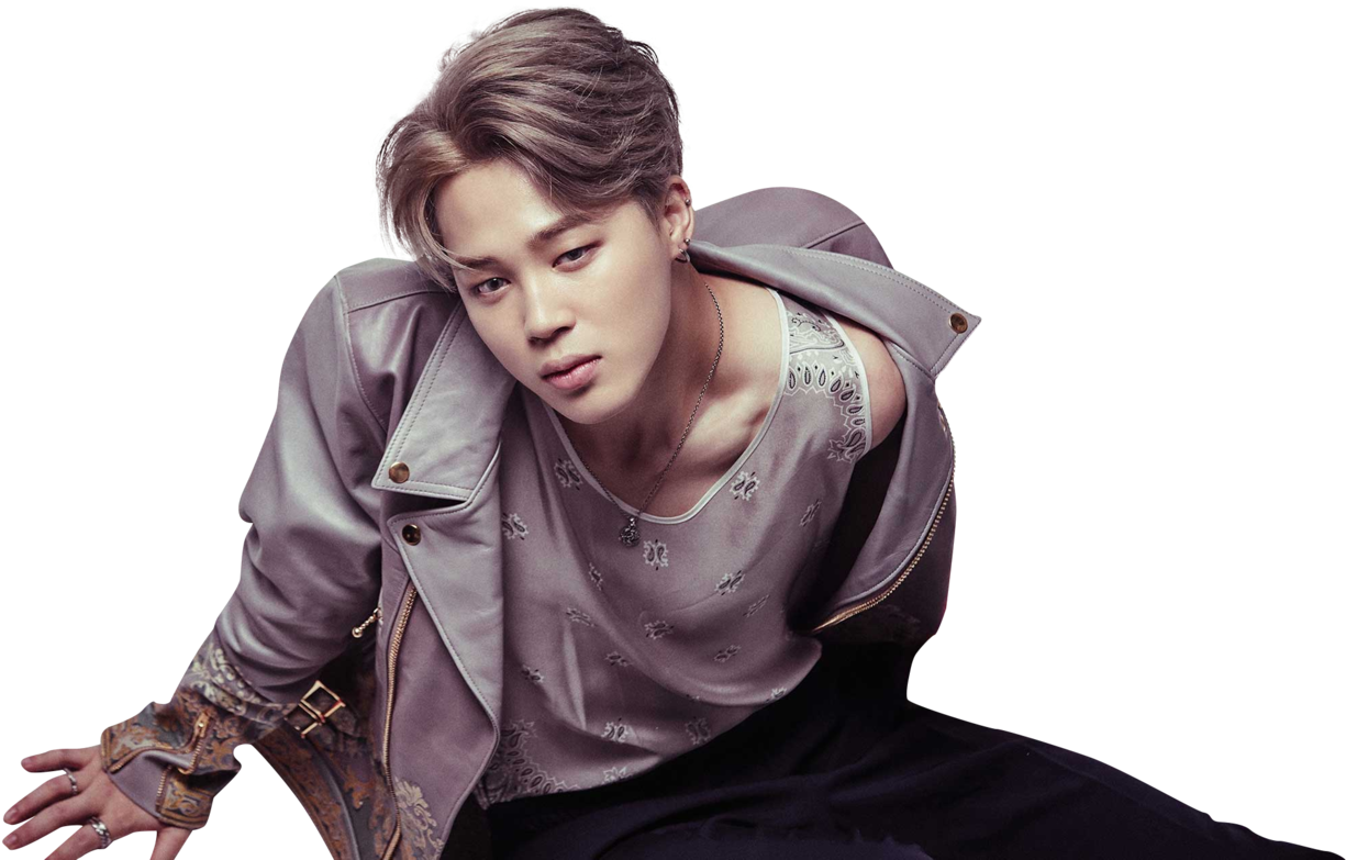 BTS 桌布 壁紙 — 一位時尚的年輕男子穿著紫色皮夾克，在黑色背景前自信地擺姿勢，眼神強烈。
