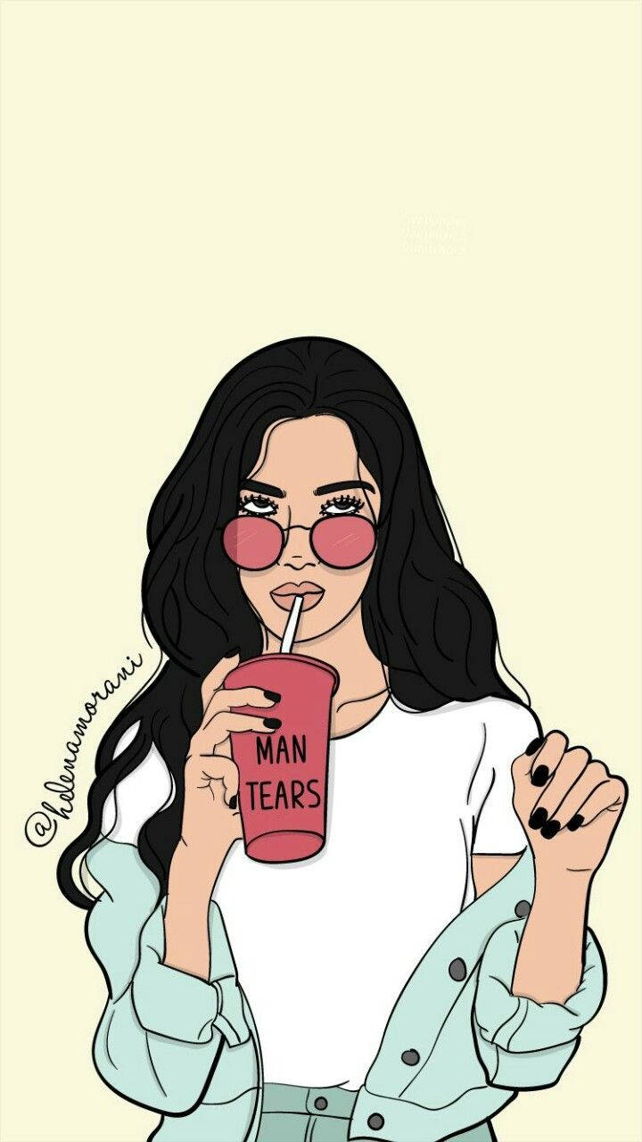 Cool Girl Cartoon 桌布 壁紙 — 一位時尚的插畫女性，長長的黑髮和粉紅色眼鏡，在淡黃色背景前從一個標有「MAN TEARS」的紅色杯子中啜飲。