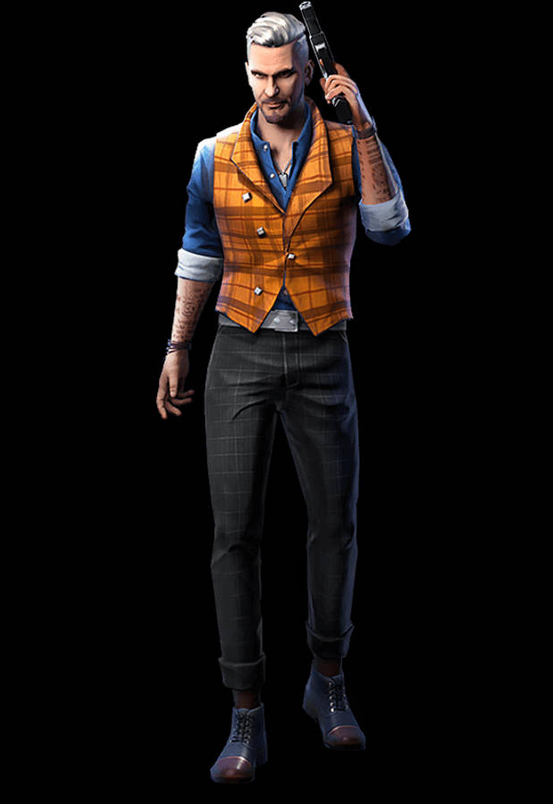 free fire 4K 桌布 壁紙 — 一位時尚的灰髮刺青男子在黑色背景上將手槍舉過肩膀。