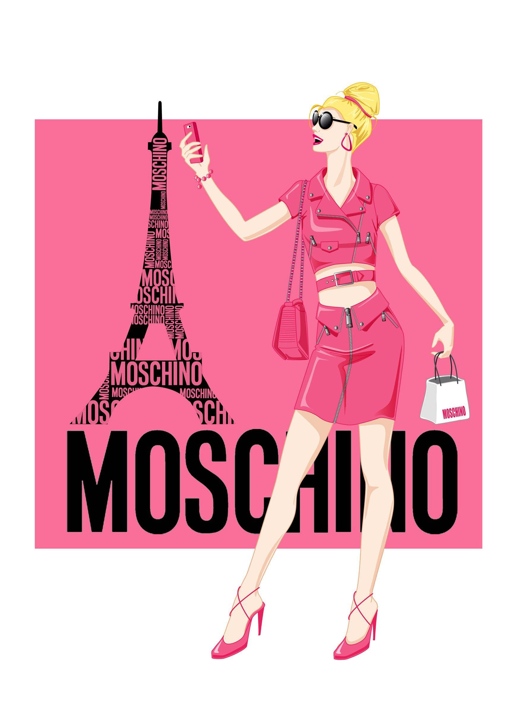 moschino 桌布 壁紙 — 一位時尚的金髮女性穿著粉紅色Moschino服裝，在由品牌標誌組成的粉紅色艾菲爾鐵塔旁自拍。