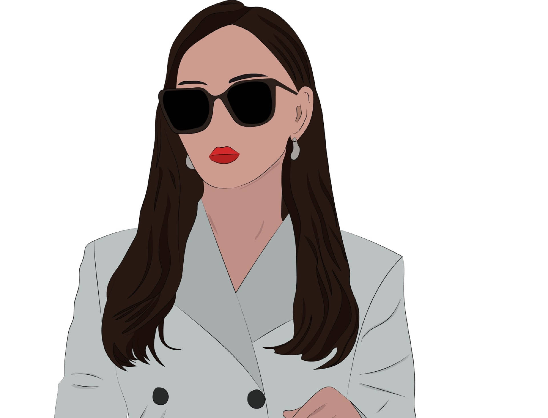 boss 桌布 壁紙 — 一位時尚的長髮棕髮女性，戴著黑色太陽眼鏡、紅唇和淺灰色西裝外套，背景為純白色。