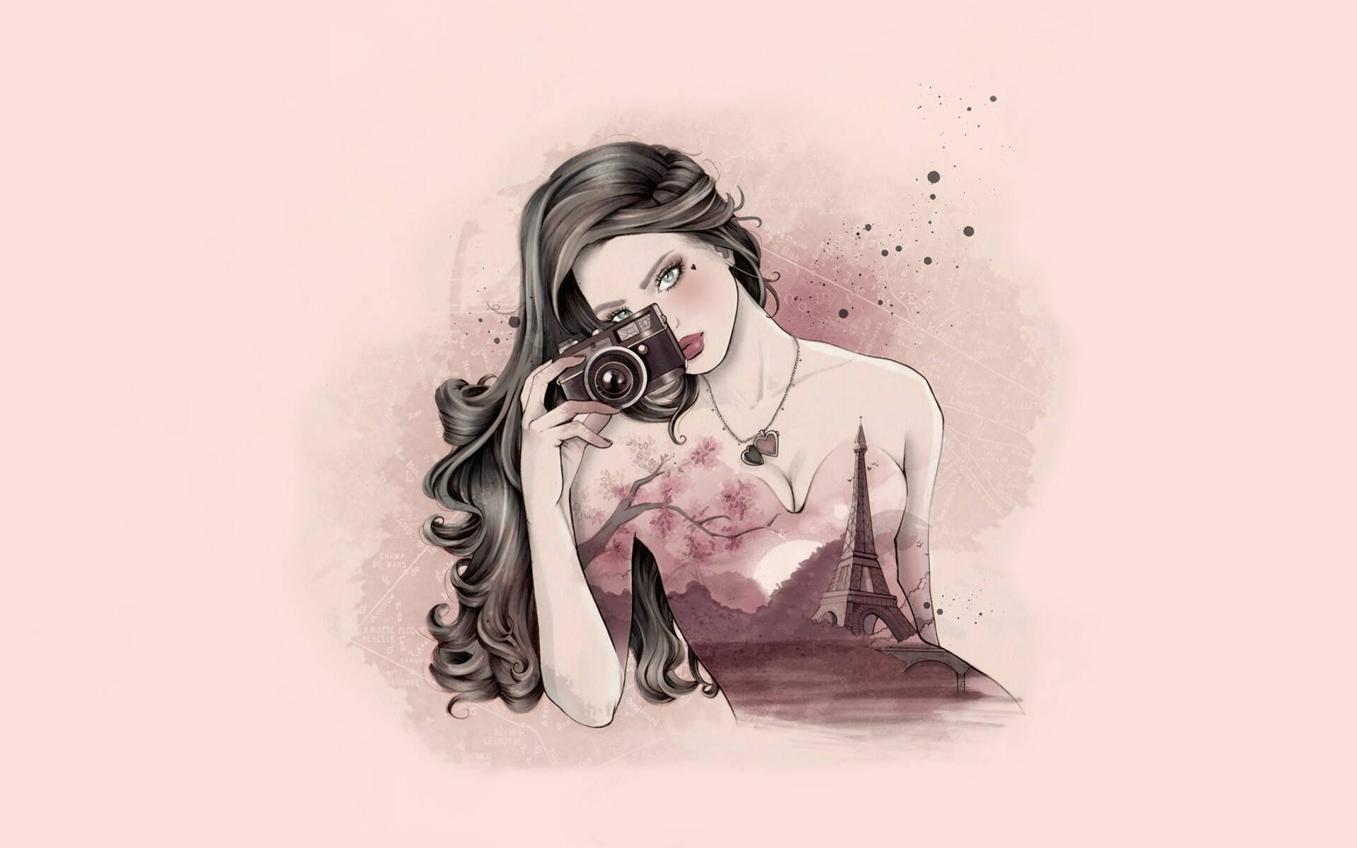 Drawing 桌布 壁紙 — 一位時尚的長髮深色女性手持復古相機，巴黎地標從她的胸前微妙浮現，背景是柔和的粉紅色。