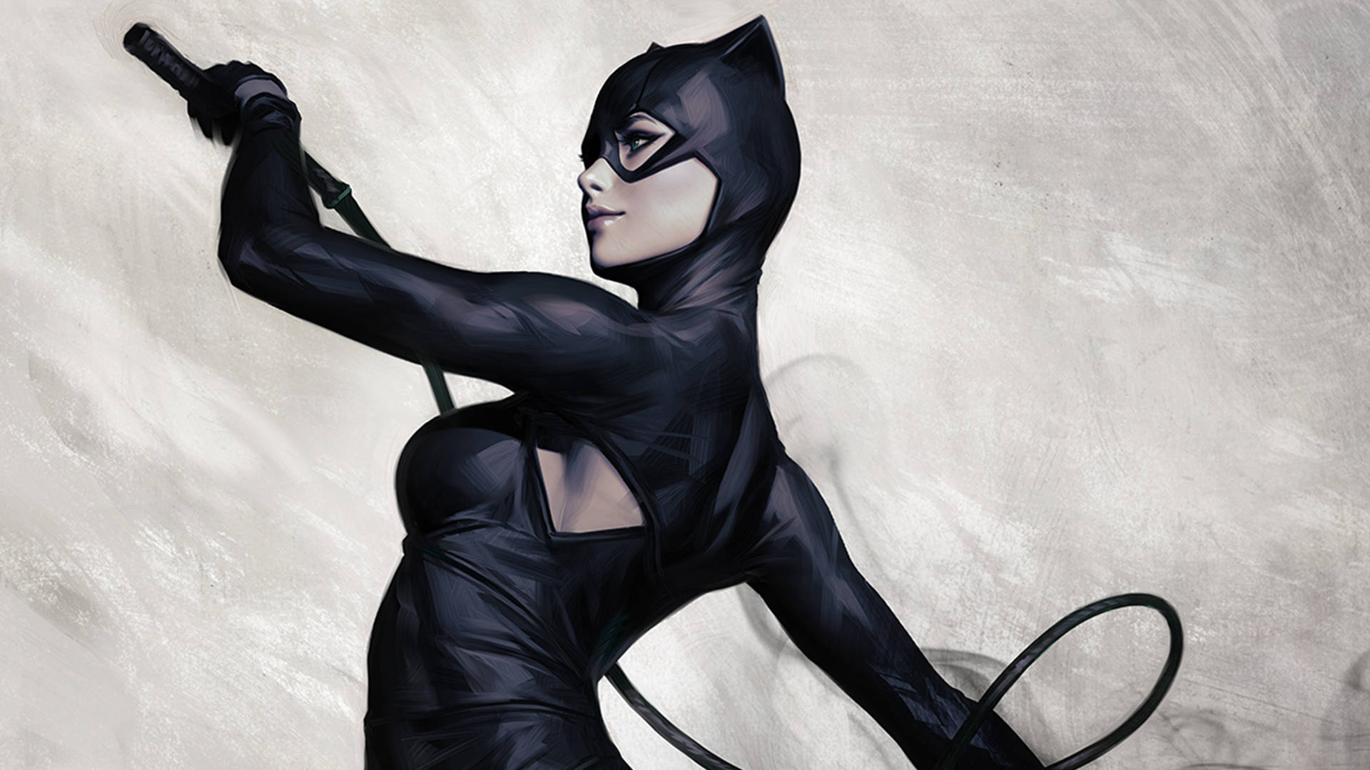 Catwoman 桌布 壁紙 — 一位時尚的黑色緊身衣貓女，在紋理灰色背景前以動態姿勢揮舞鞭子。