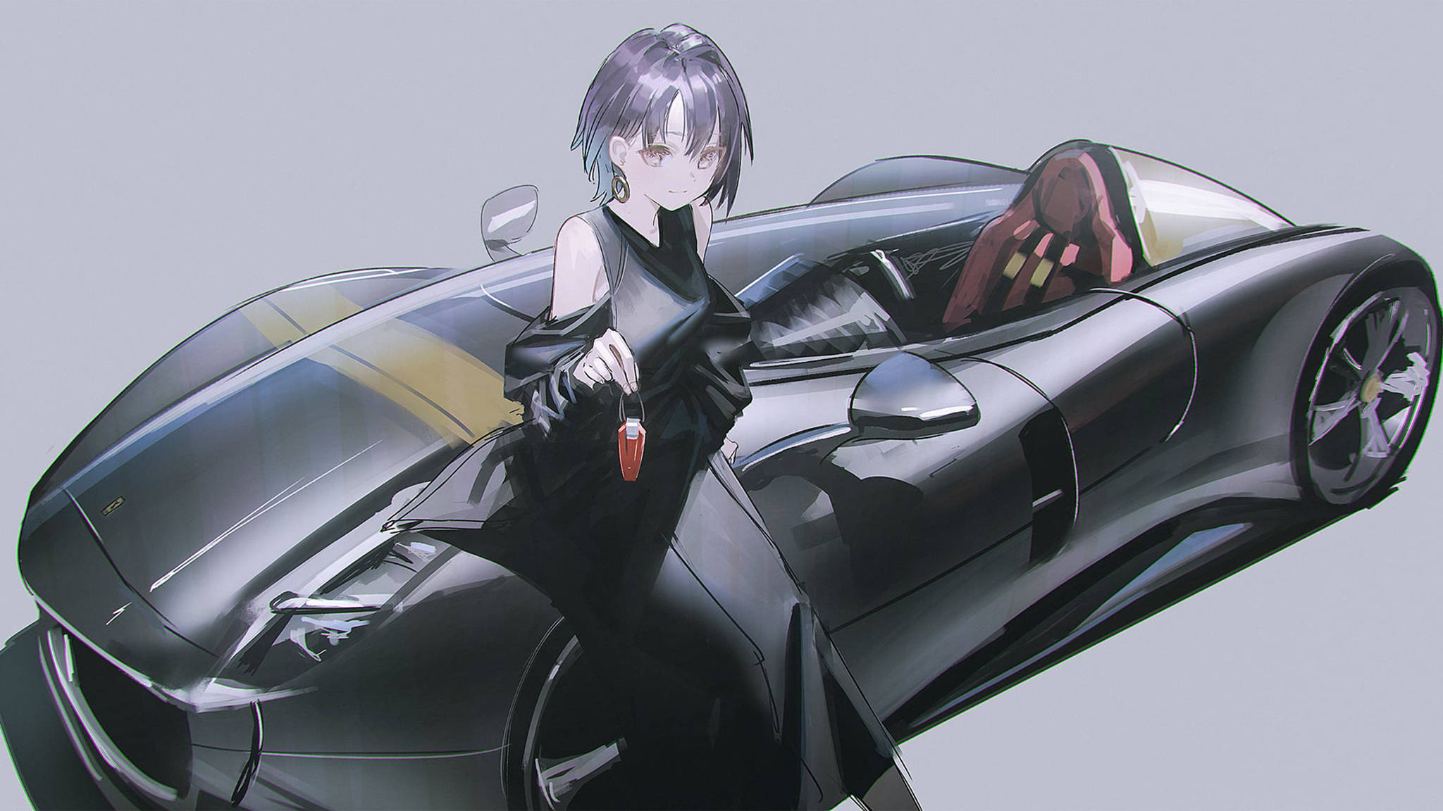 動漫車 桌布 壁紙 — 一位時尚的黑衣動漫女孩站在一輛時尚的黑色跑車旁邊，手持車鑰匙，背景是純灰色。