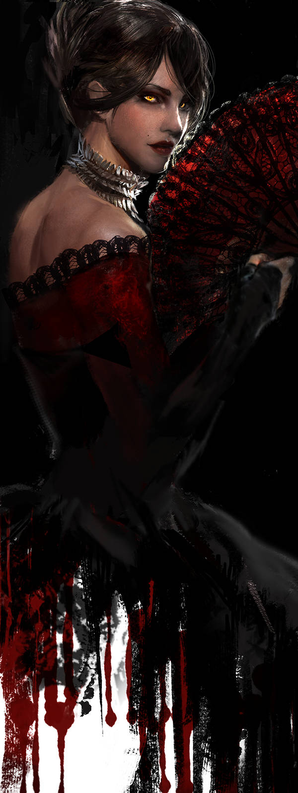 Dragon Age Phone 桌布 壁紙 — 一位暗黑哥德式女子身穿沾滿血跡的紅色連衣裙，手持扇子，深紅色的血滴沿著她的長裙流下，背景為黑色。