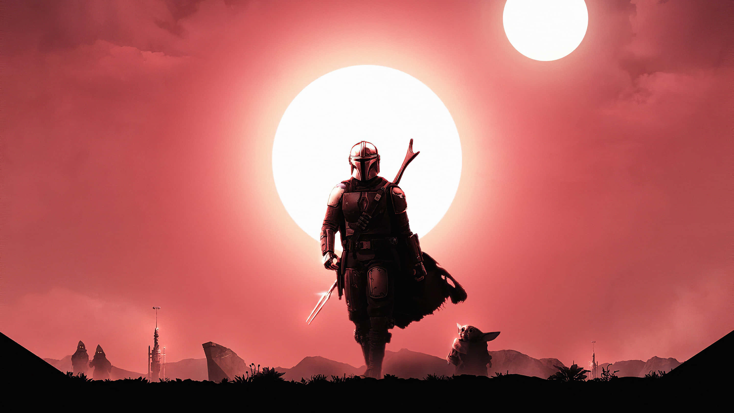 Mandalorian Pc 桌布 壁紙 — 一位曼達洛戰士和他的孩子站在荒蕪的外星景觀上，以雙重日落為背景形成剪影。