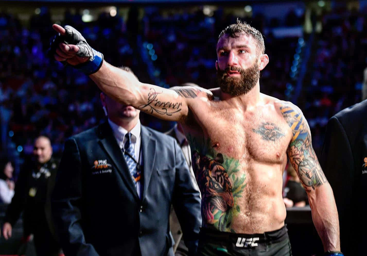 MMA 桌布 壁紙 — 一位有刺青、留鬍子的UFC拳手在競技場燈光下勝利地指向人群。