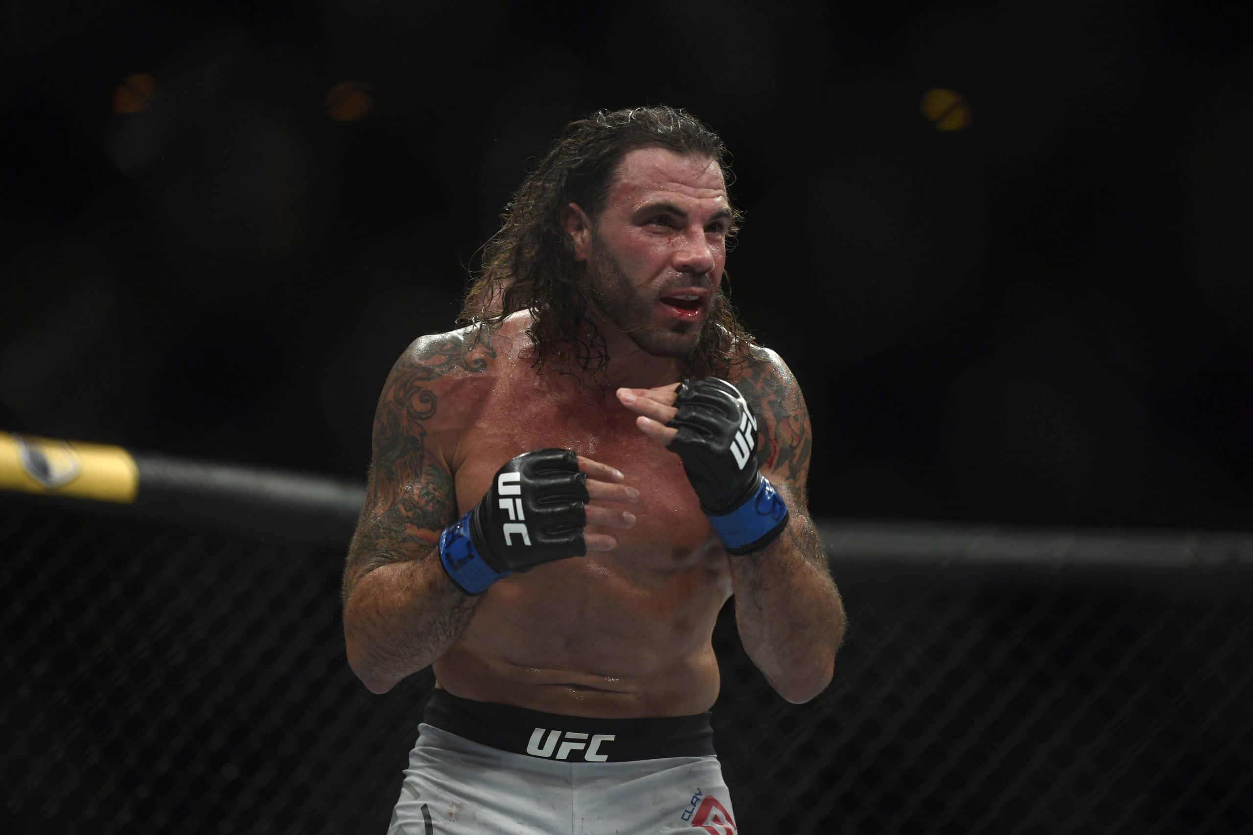 UFC 桌布 壁紙 — 一位有刺青、長髮的UFC拳手在明亮的場館燈光下於八角籠內慶祝。