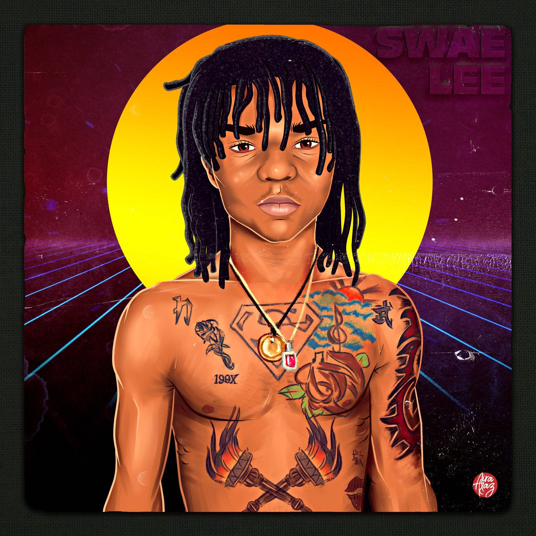 Swae Lee 桌布 壁紙 — 一位有刺青和辮子髮型的男士站在發光的黃色太陽和紫色復古未來背景前。