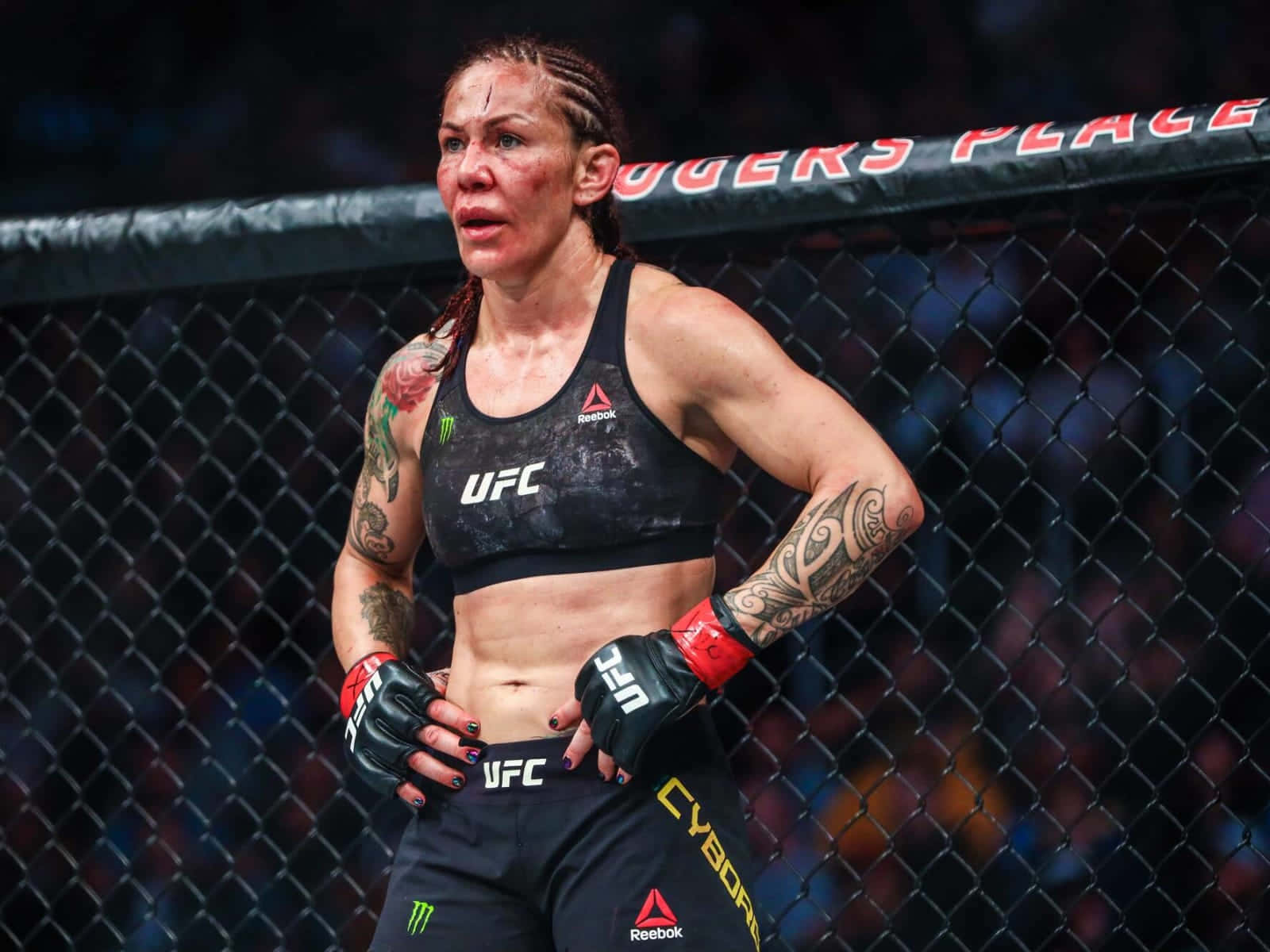 MMA 桌布 壁紙 — 一位有刺青和額頭上有傷口的女MMA拳手在殘酷比賽後筋疲力盡地站在八角籠中。