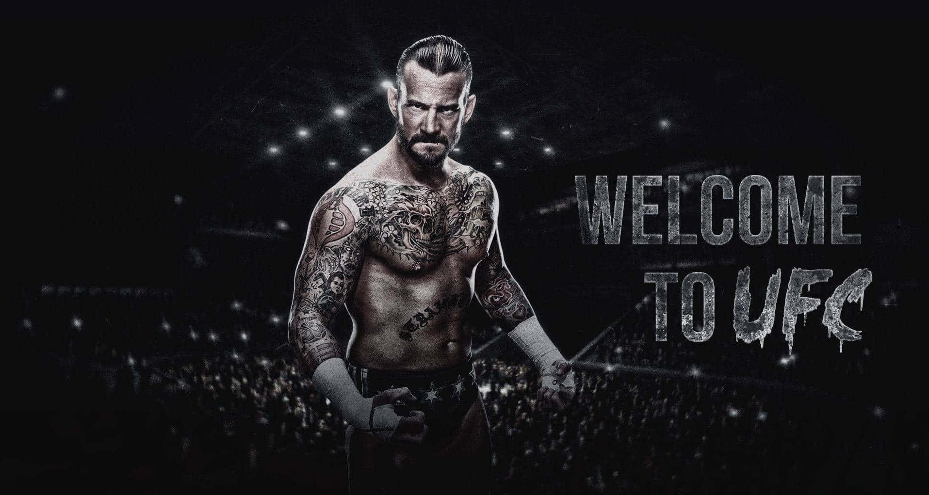 UFC 桌布 壁紙 — 一位有刺青的UFC拳手站在黑暗的競技場中，'WELCOME TO UFC' 文字在體育場燈光下在他旁邊發光。