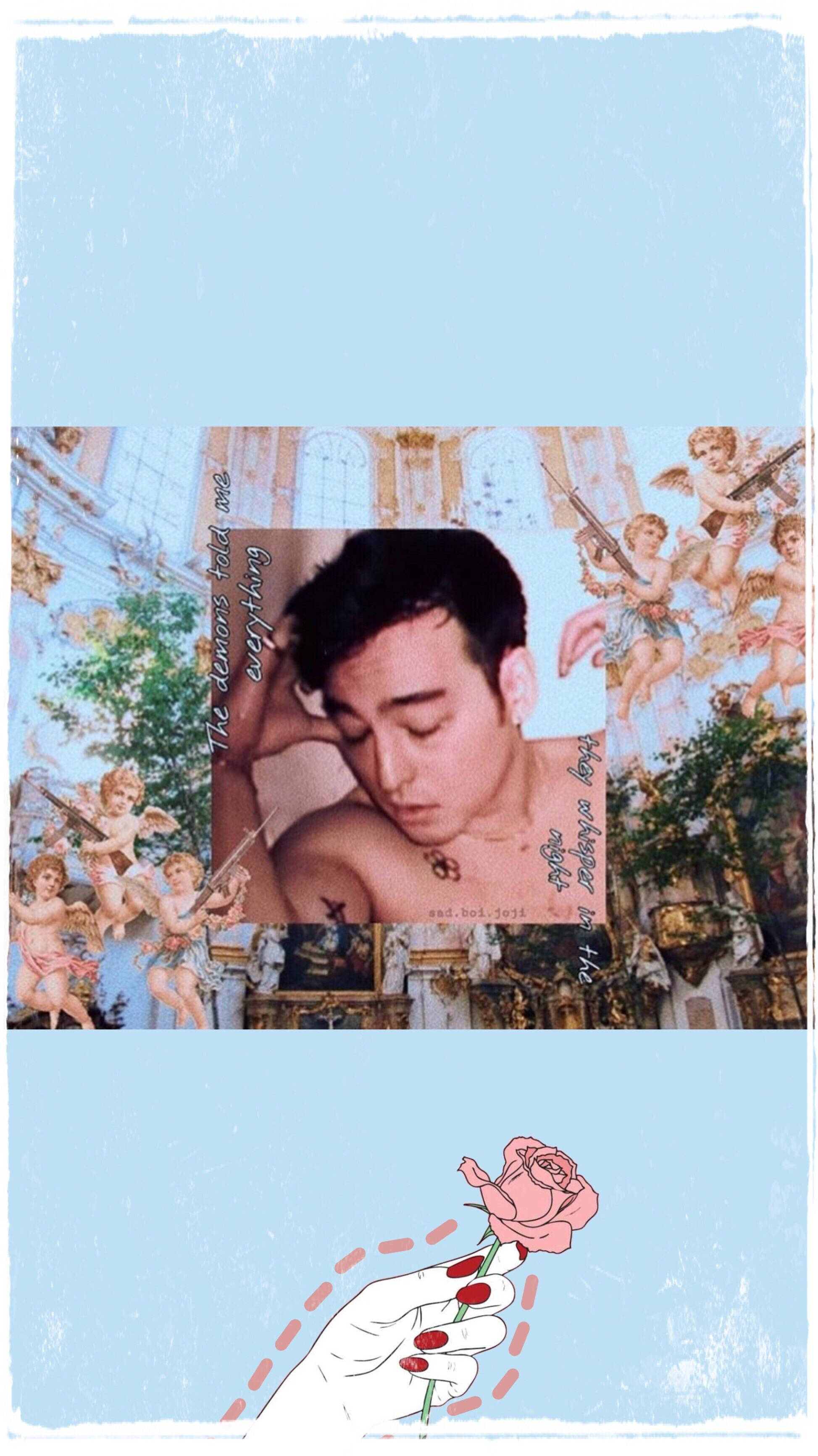 joji 桌布 壁紙 — 一位有刺青的年輕男子休息著頭部，小天使和握著玫瑰的手裝飾著帶有淺藍色邊框的復古拼貼畫。