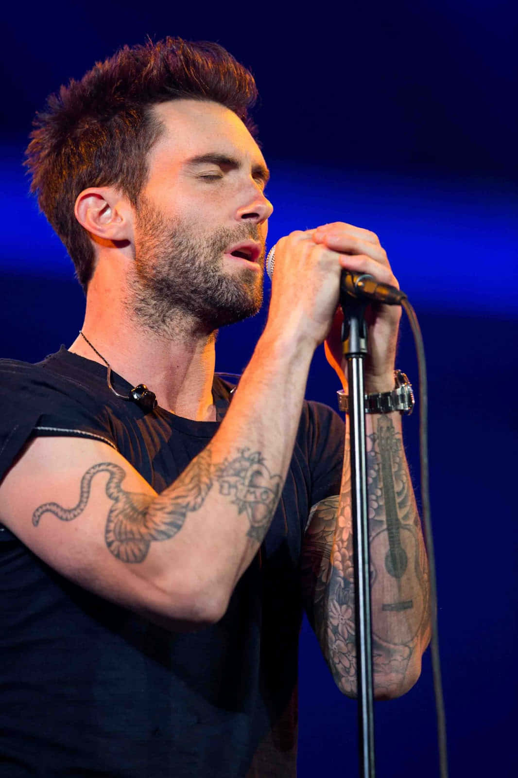 Adam Levine 桌布 壁紙 — 一位有刺青的男歌手在藍色舞台燈光下熱情地對著麥克風演唱。