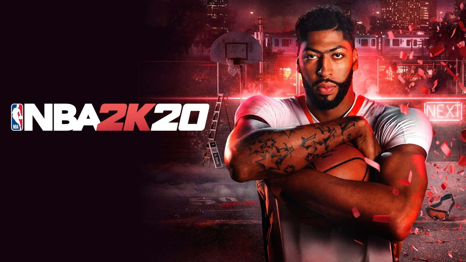 NBA 2k20 桌布 壁紙 — 一位有刺青的籃球運動員在紅色霓虹燈下，於發光的籃框前拿著一個球。