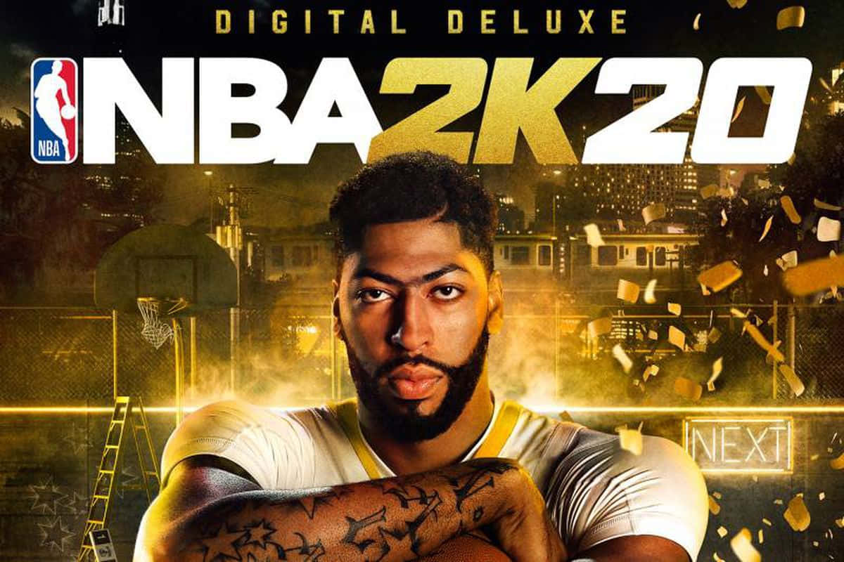 NBA 2k20 桌布 壁紙 — 一位有刺青的籃球運動員在金色城市背景下拿著籃球，周圍有五彩紙屑和籃框。