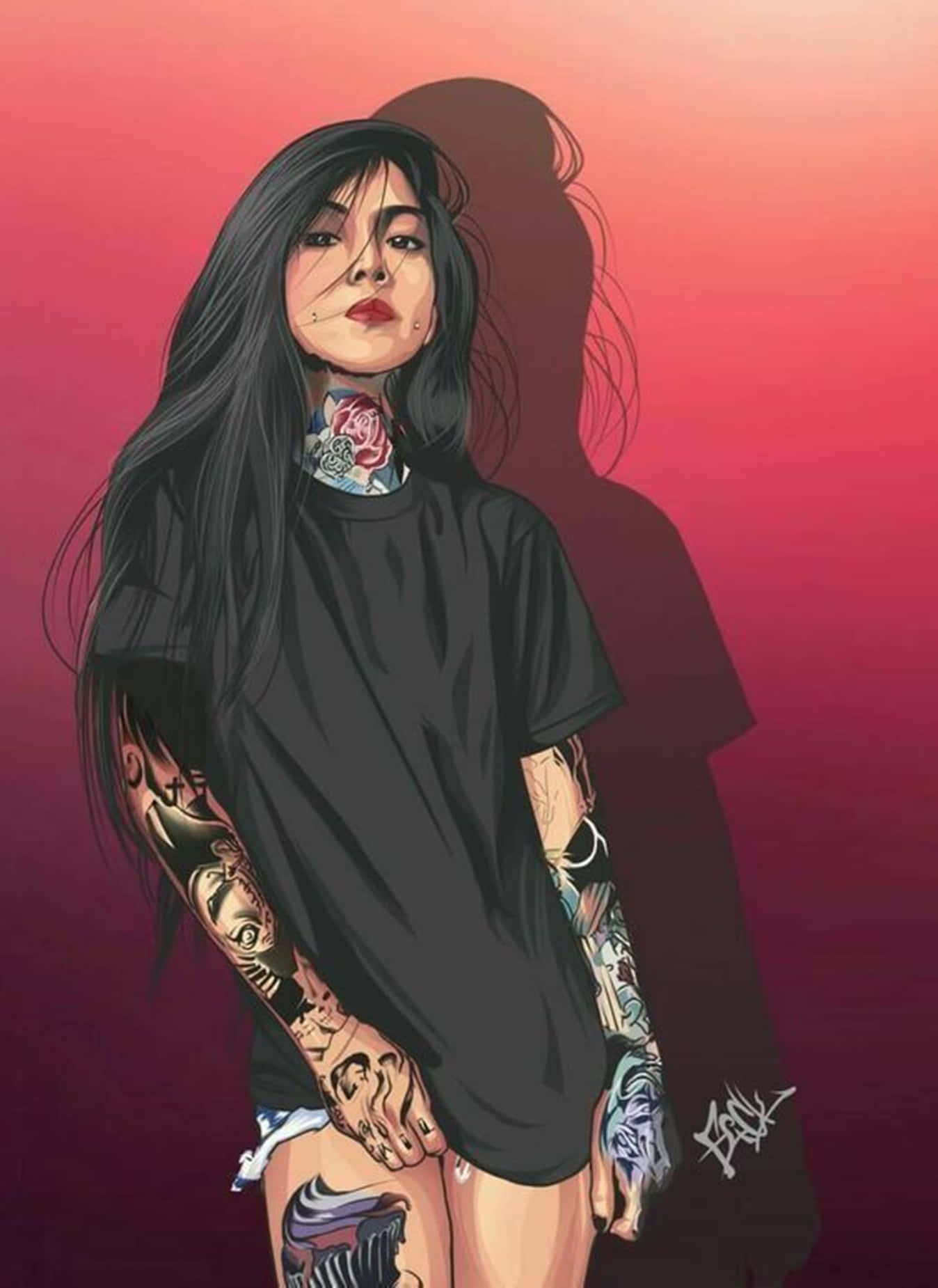 Girl Aesthetic 桌布 壁紙 — 一位有刺青的長黑髮女性自信地站在粉紅和紫色漸變背景前。