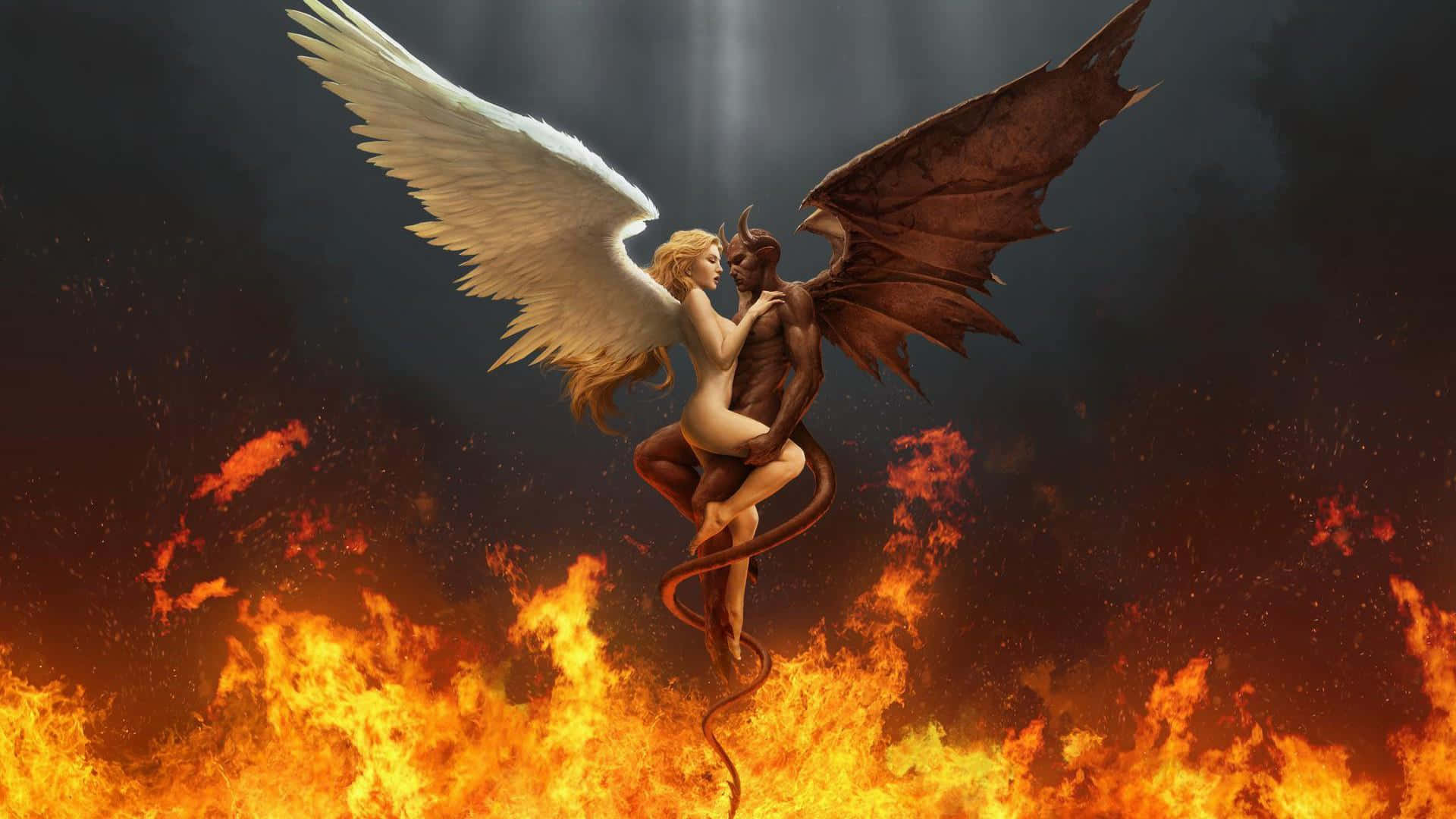 Saint Michael 桌布 壁紙 — 一位有翼天使與魔鬼在黑暗風暴天空下，於咆哮的火焰中擁抱。