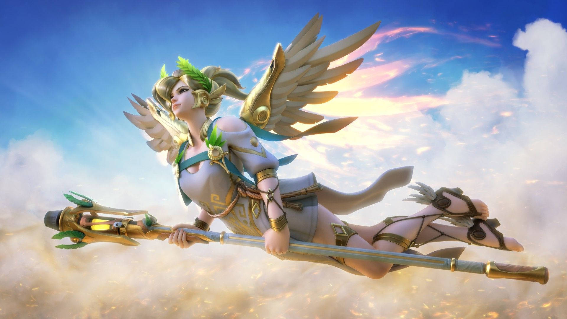Mercy 桌布 壁紙 — 一位有翼女神在充滿活力的天空中滑翔，手持發光法杖，周圍是蓬鬆的雲朵和金色光芒。