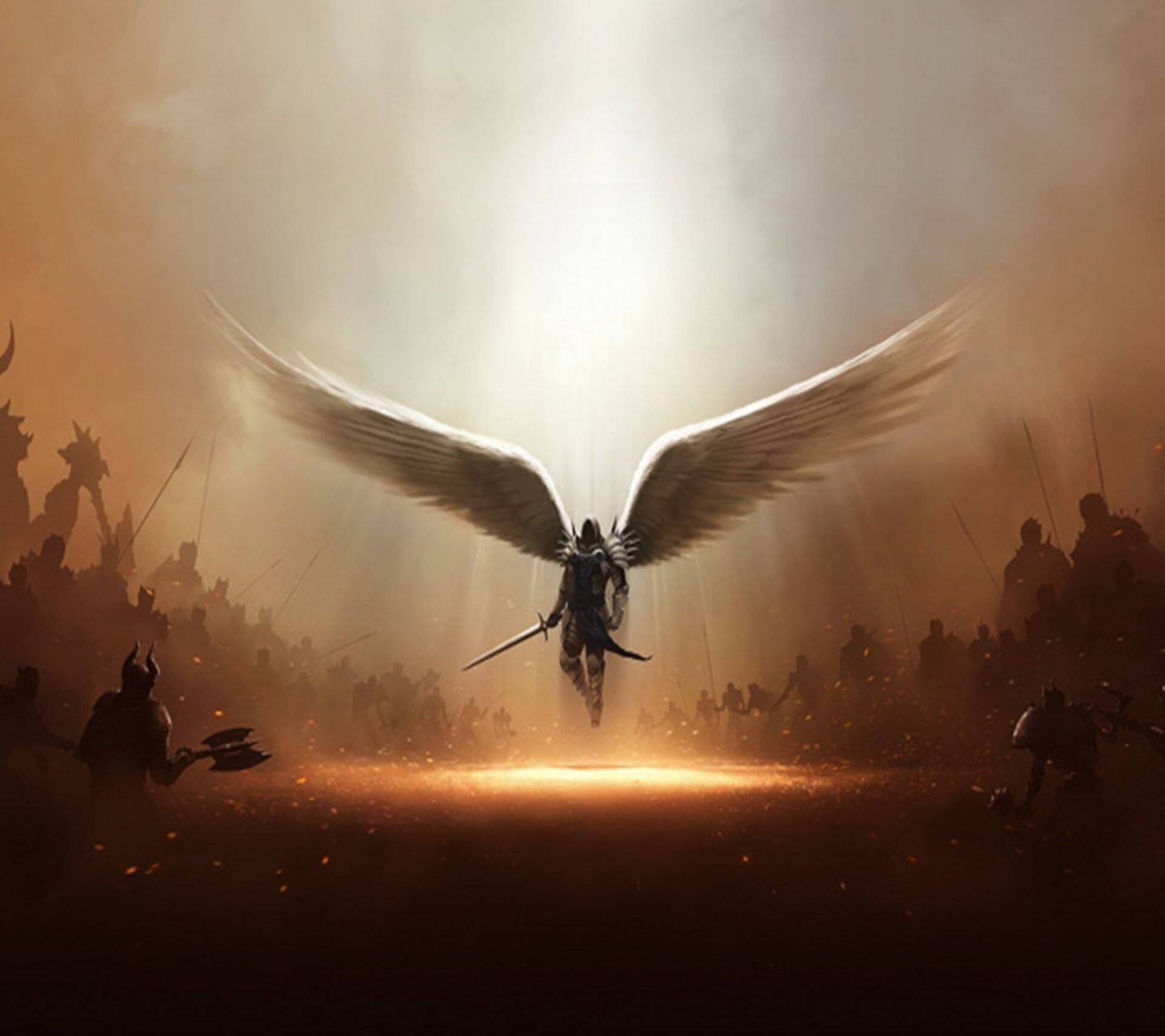 angels 桌布 壁紙 — 一位有翼戰士在戰場上空翱翔，背後迸發出耀眼的光芒，將下方的敵軍士兵映襯成剪影。