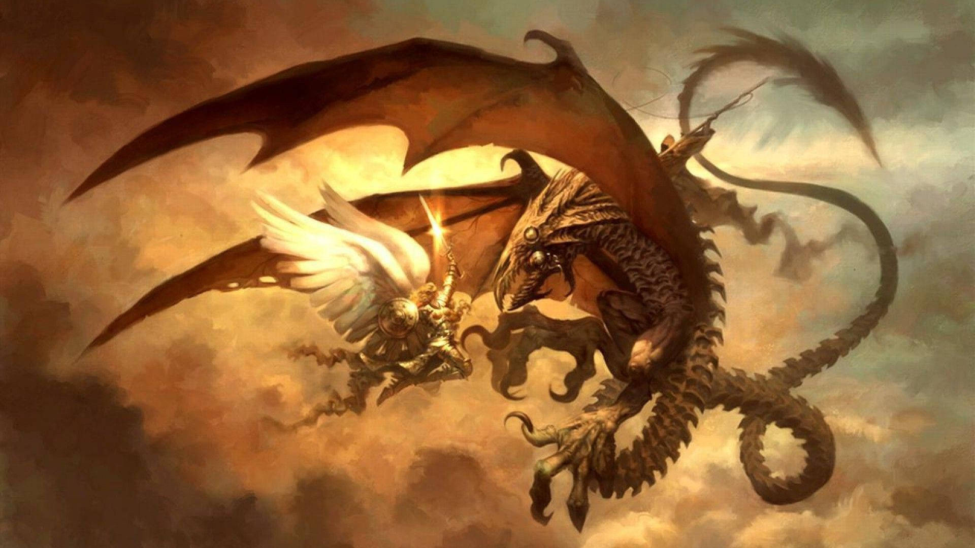 Earth Dragon 桌布 壁紙 — 一位有翼戰士在旋轉的金色雲層中與巨大的裝甲龍發生衝突，展開了一場戲劇性的奇幻戰鬥。