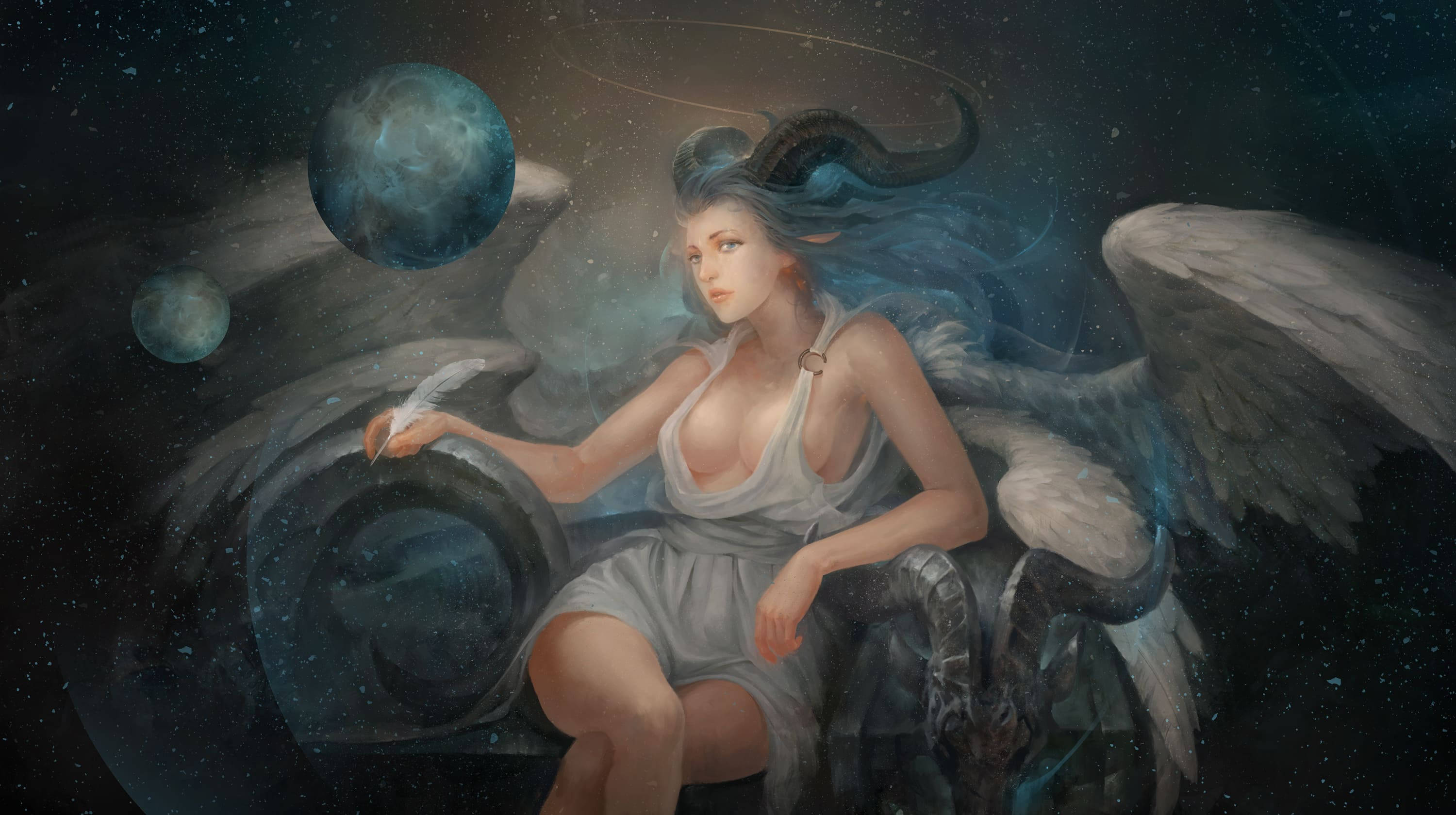 horns 桌布 壁紙 — 一位有翼的天界女性，頭上有角，優雅地坐在宇宙虛空中漂浮的行星和星星之間。