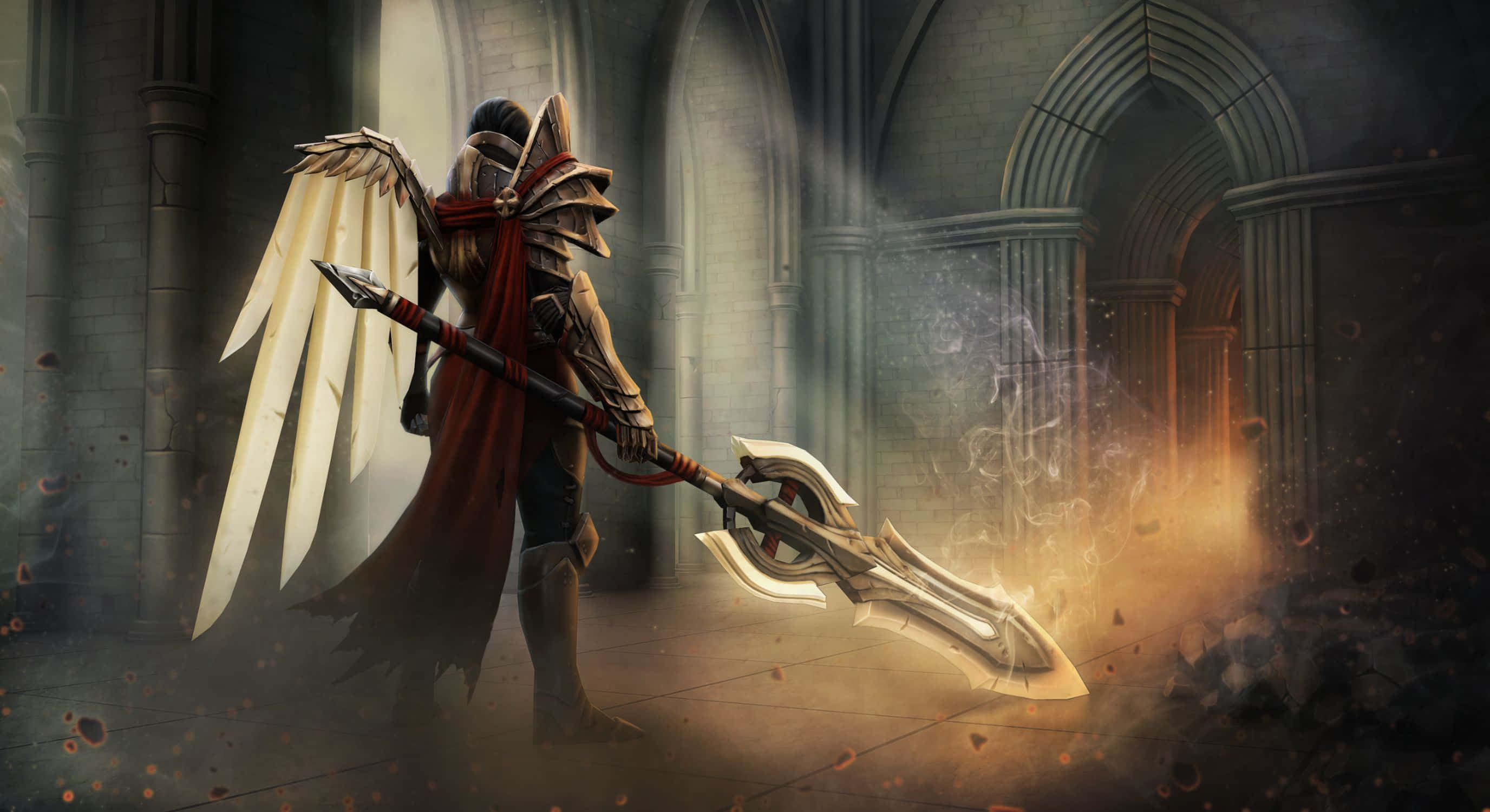 Game Art 桌布 壁紙 — 一位有翼的裝甲戰士站在哥德式大教堂中，手持發光長矛，腳下爆發火焰魔法。
