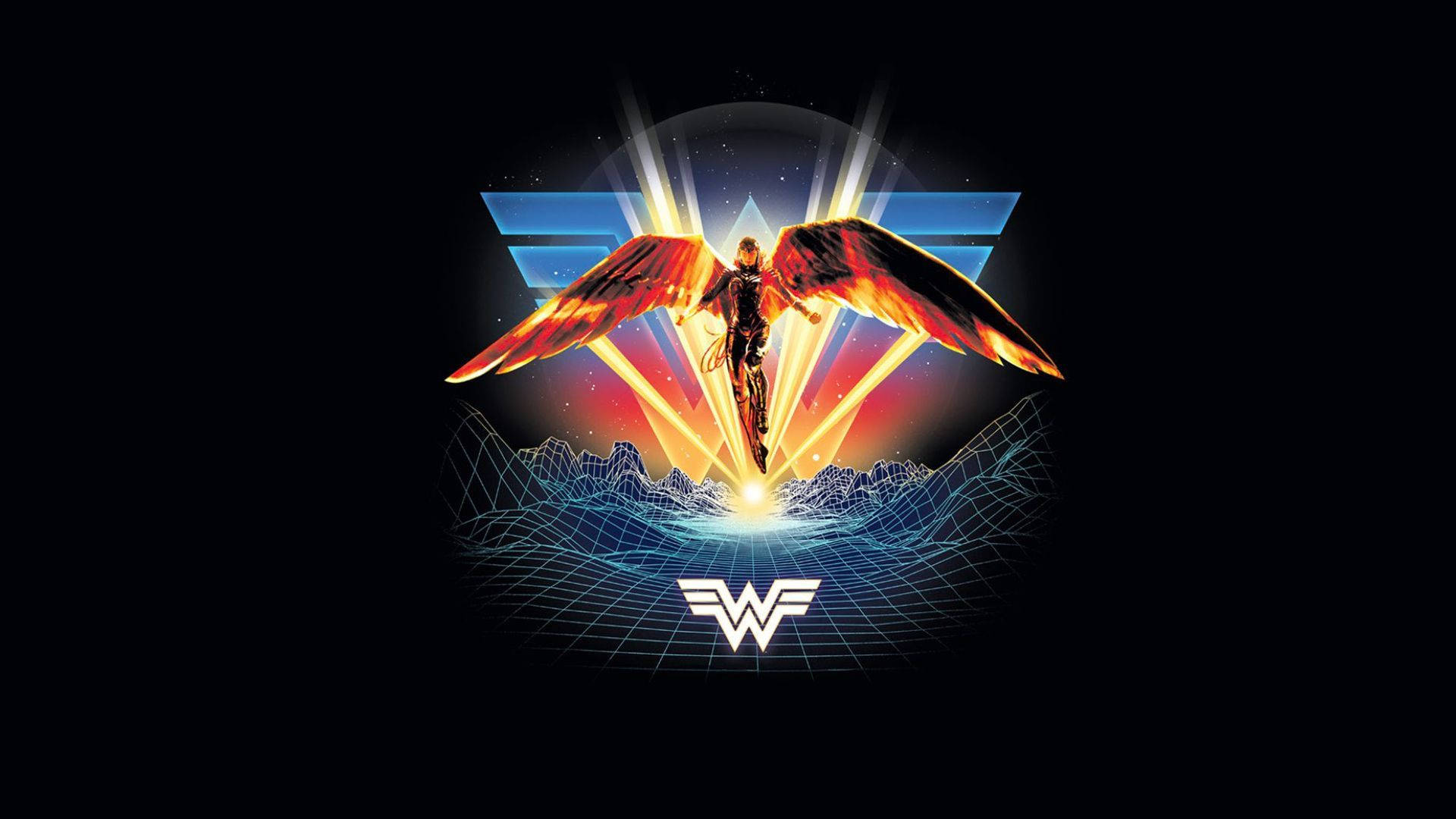 Wonder Woman 1984 桌布 壁紙 — 一位有翼的超級英雄從發光的光中出現，在線框景觀之上，背景為黑暗。