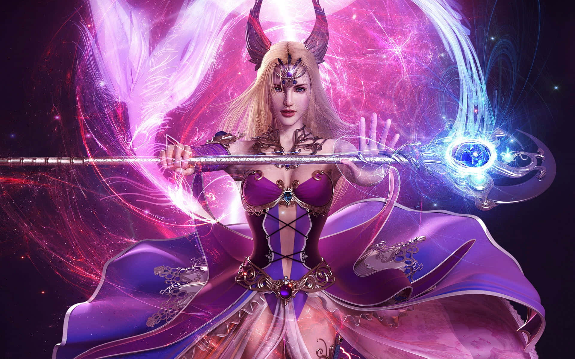 Moba Games 桌布 壁紙 — 一位有角的奇幻動漫女巫在宇宙粉藍色能量漩渦背景下揮舞著發光的法杖。