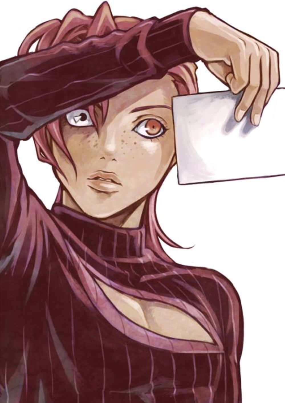 Vinegar Doppio 桌布 壁紙 — 一位有雀斑的粉紅髮動漫女孩，一手拉下深色帽子，一手拿著白色信封。