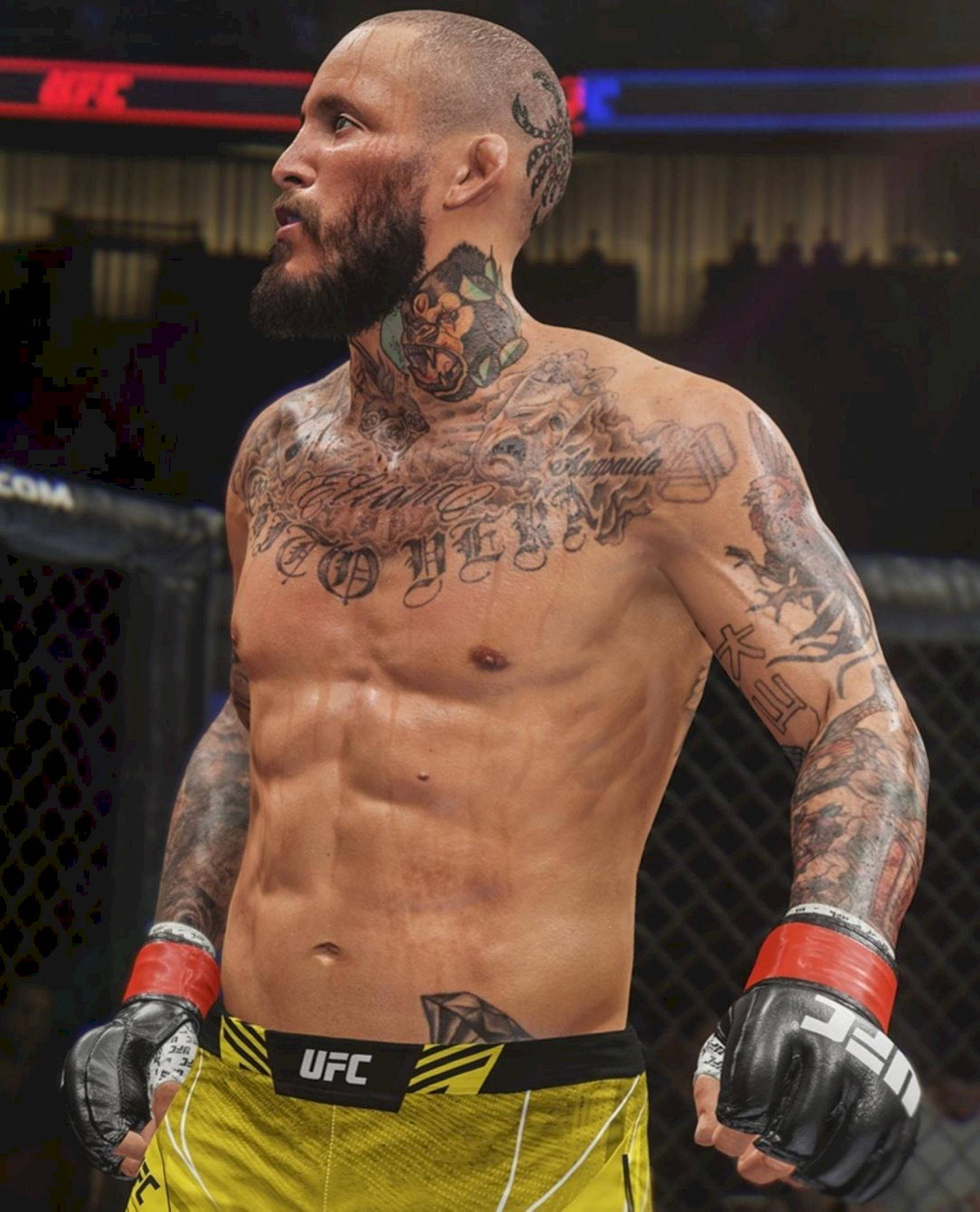 Champion 桌布 壁紙 — 一位有鬍鬚的紋身UFC拳手，穿著黃色短褲和黑色手套，站在八角籠內。