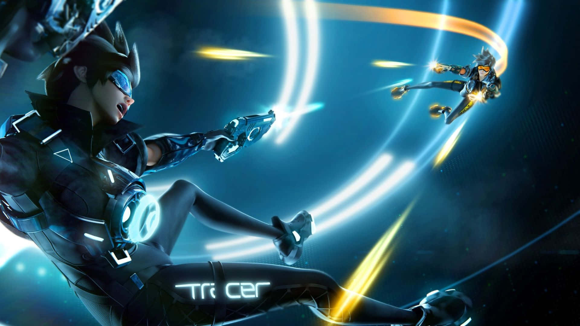 1920x1080 Overwatch 桌布 壁紙 — 一位未來主義的女性特工穿著時尚的黑色裝甲，在黑暗的數位虛空中，於旋轉的霓虹光軌中向遠處的敵人發射發光的能量武器。