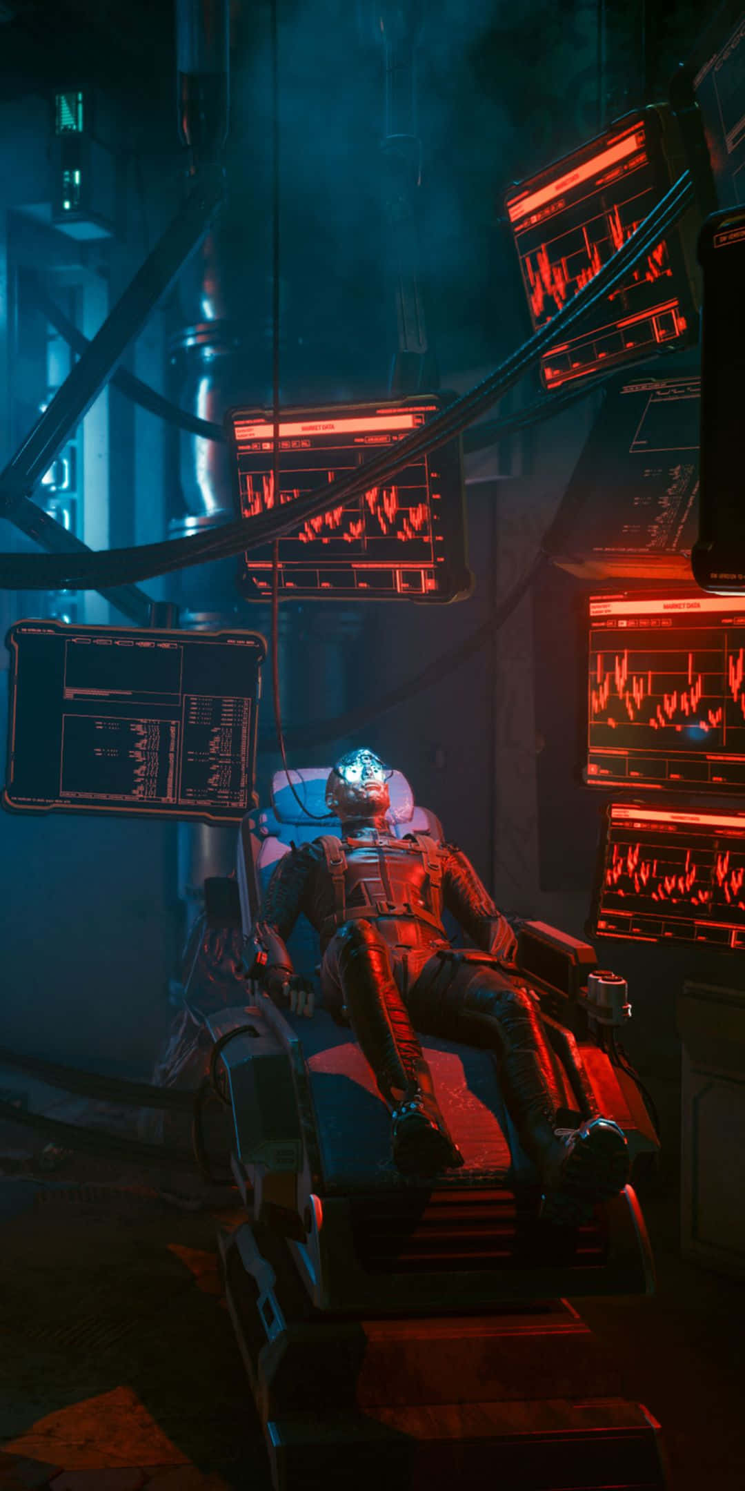 Pixel 3 Cyberpunk 2077 桌布 壁紙 — 一位未來太空人在昏暗的 cyberpunk 實驗室中，坐在高科技醫療椅上休息，周圍是發光的紅色和藍色數據螢幕。