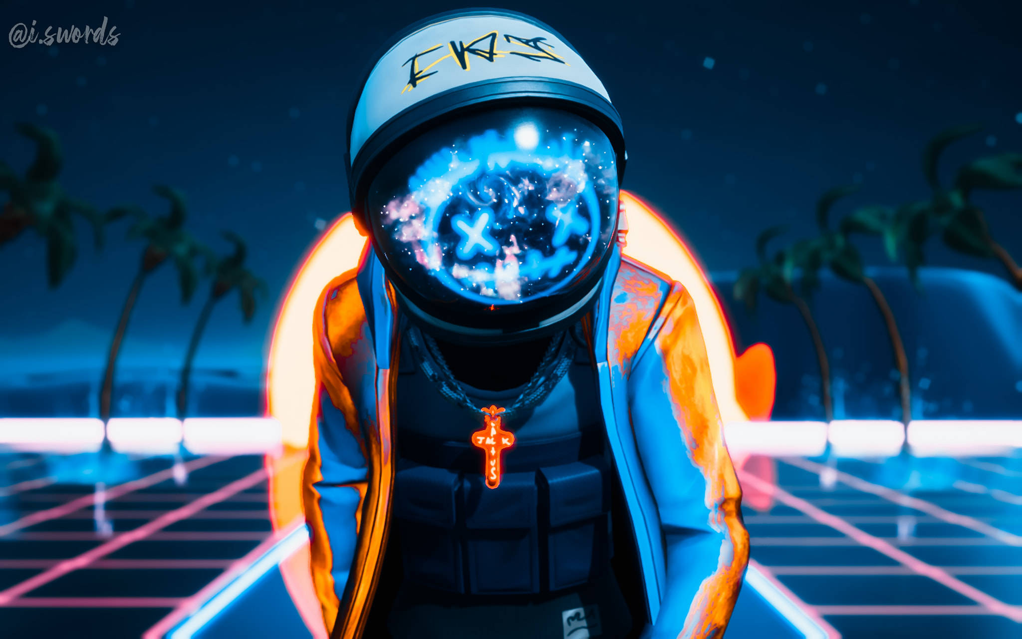 Travis Scott Fortnite 桌布 壁紙 — 一位未來太空人戴著發光的宇宙護目鏡，站在霓虹格柵上，背景是星空和棕櫚樹。
