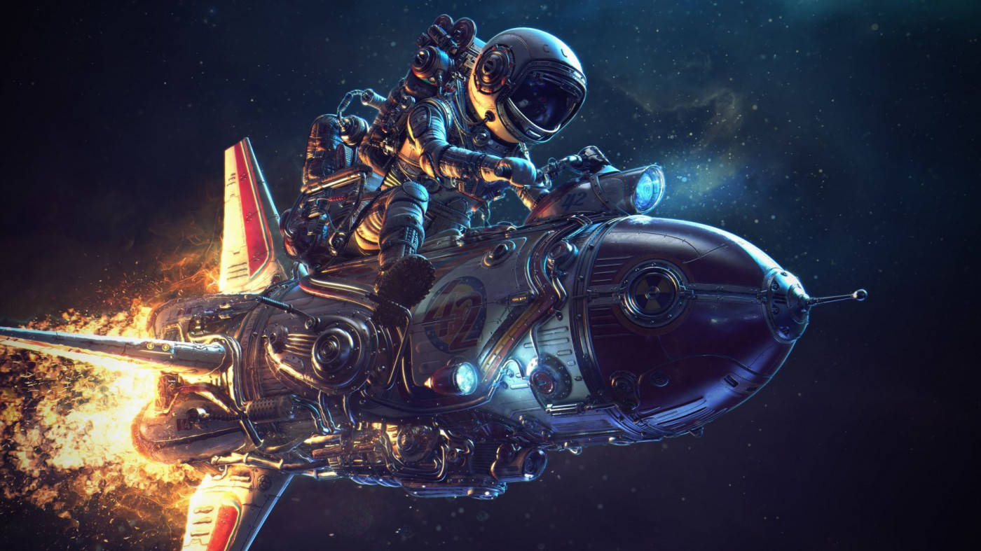  壁紙 — 一位未來太空人騎乘火箭動力摩托車，穿越星羅棋布的宇宙虛空，身後留下熾熱的排氣。
