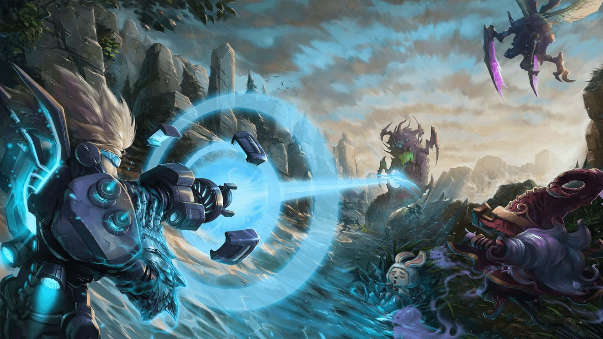 1920x1080 League Of Legends 桌布 壁紙 — 一位未來戰士在岩石奇幻景觀中向怪物敵人發射發光的藍色能量衝擊波。