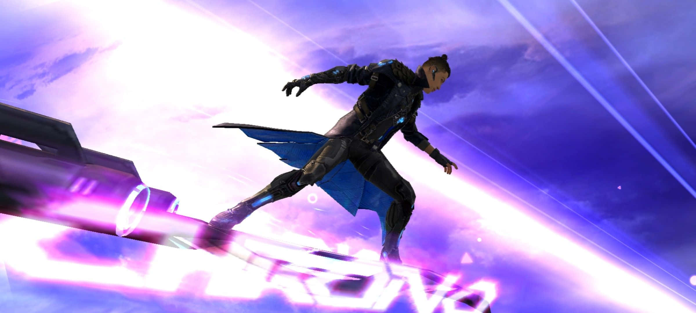 Free Fire Character 桌布 壁紙 — 一位未來戰士在帶有光跡的宇宙紫色天空背景下，跳過一個發光的霓虹平台。