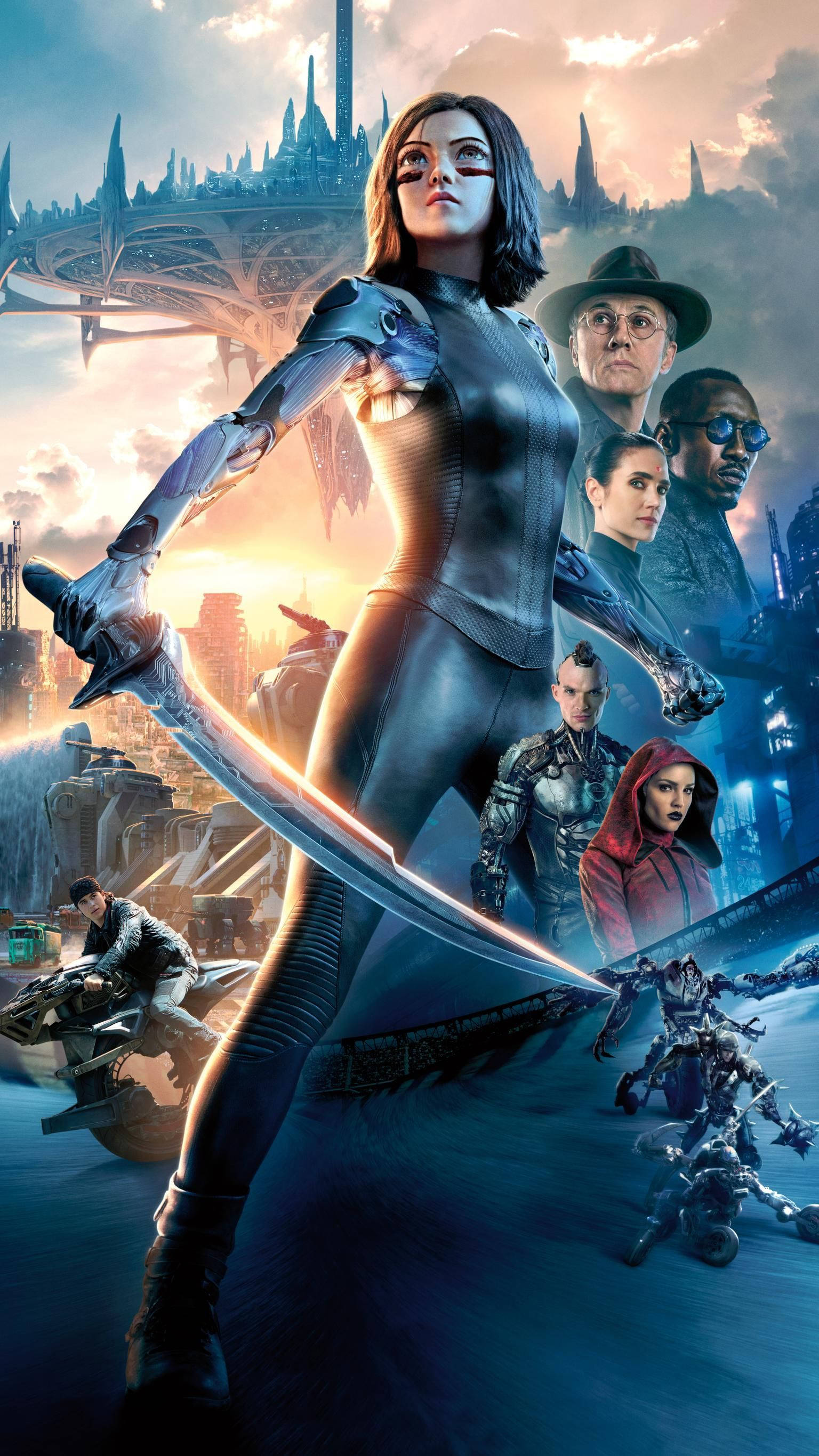 Alita Battle Angel 桌布 壁紙 — 一位未來戰士女性在浮空城市和反烏托邦景觀的背景下揮舞著發光的劍。
