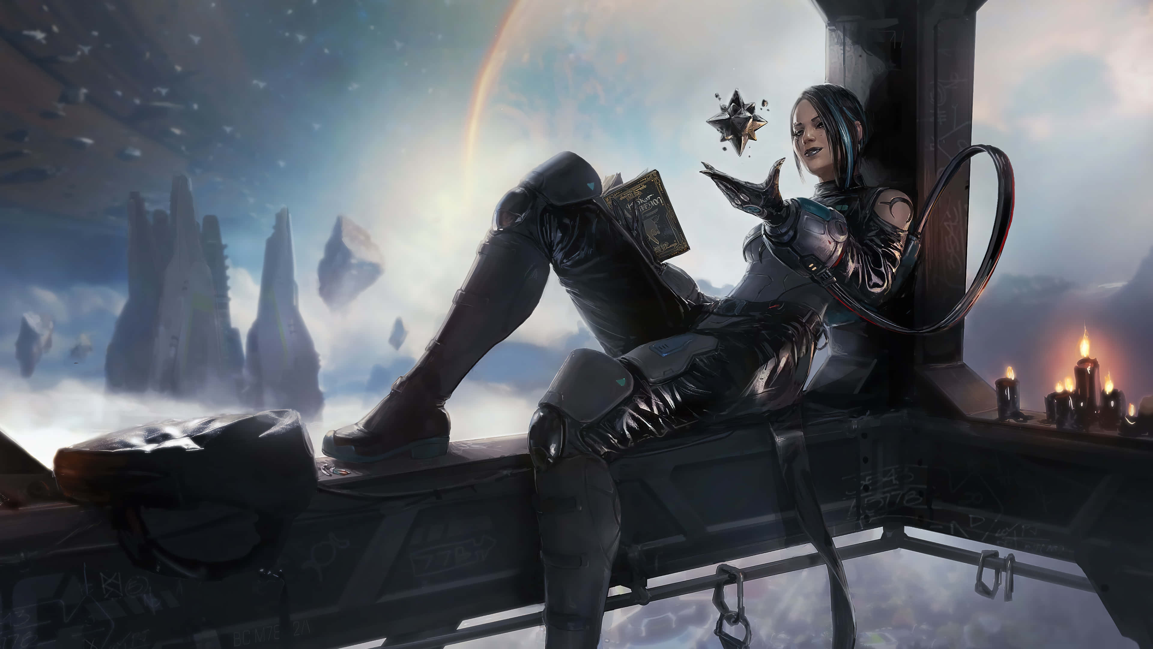 Apex Legends Characters 桌布 壁紙 — 一位未來戰士懶洋洋地坐在太空船邊緣看書，浮動的岩石尖塔和一顆發光的行星在迷霧的天空中若隱若現。