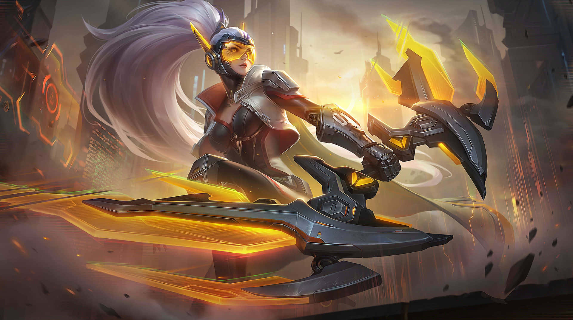未來戰士在賽博龐克城市中駕駛懸浮滑板，身穿發光盔甲。 — Mobile Legends 動態圖 壁紙
