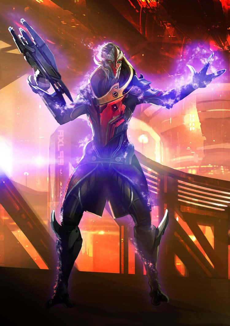 Mass Effect Legion 桌布 壁紙 — 一位未來戰士雙手發出發光的紫色能量，挑釁地站在霓虹燈光下的賽博龐克城市景觀中。