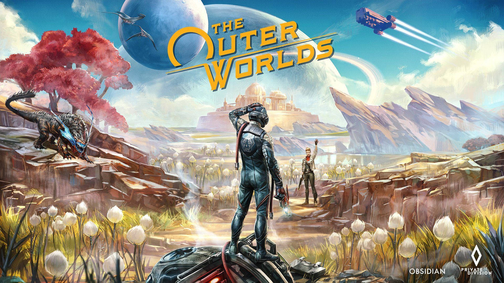 The Outer Worlds 桌布 壁紙 — 一位未來探險家站在岩石外星行星上，有紅色樹木、白色花朵和一艘飛船掠過藍色月亮。