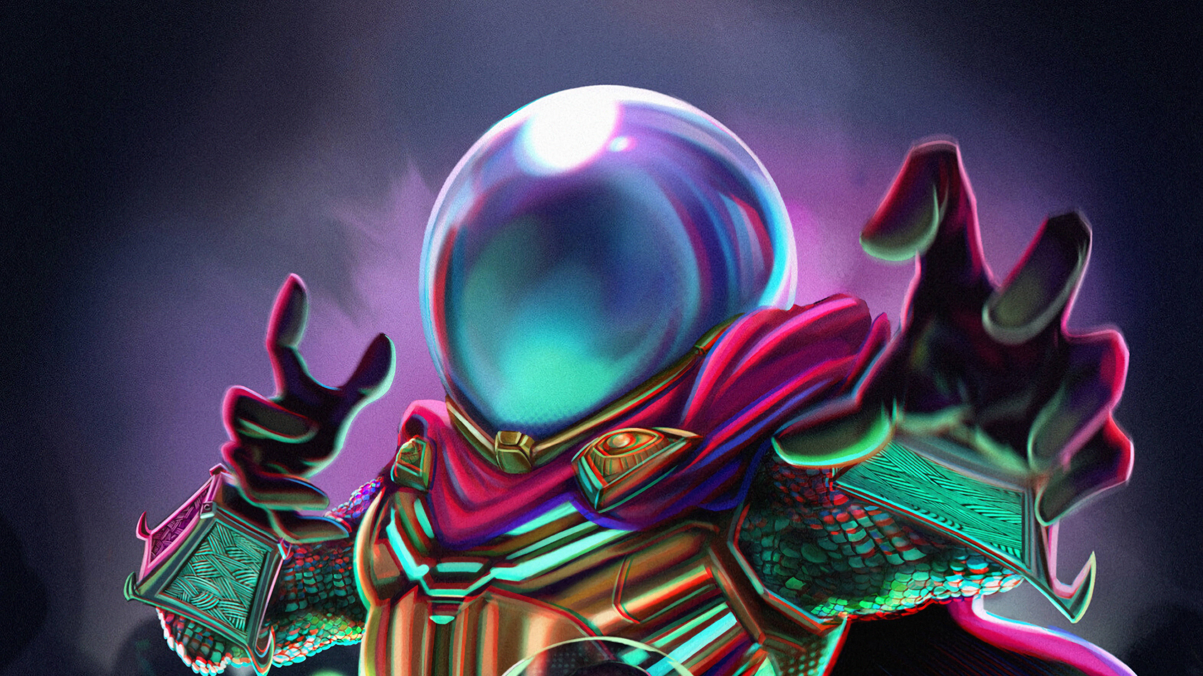 Mysterio 桌布 壁紙 — 一位未來派太空人，戴著發光頭盔和鮮豔盔甲，在黑暗的宇宙背景下以霓虹色調做手勢。