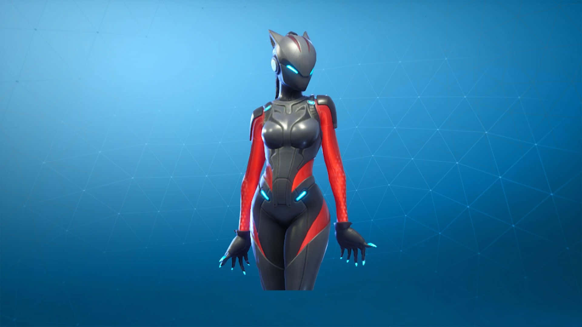 Fortnite 桌布 壁紙 — 一位未來派女戰士，身穿光滑的黑色和紅色盔甲，帶有發光的藍色點綴，站在漸變藍色數字網格背景前。