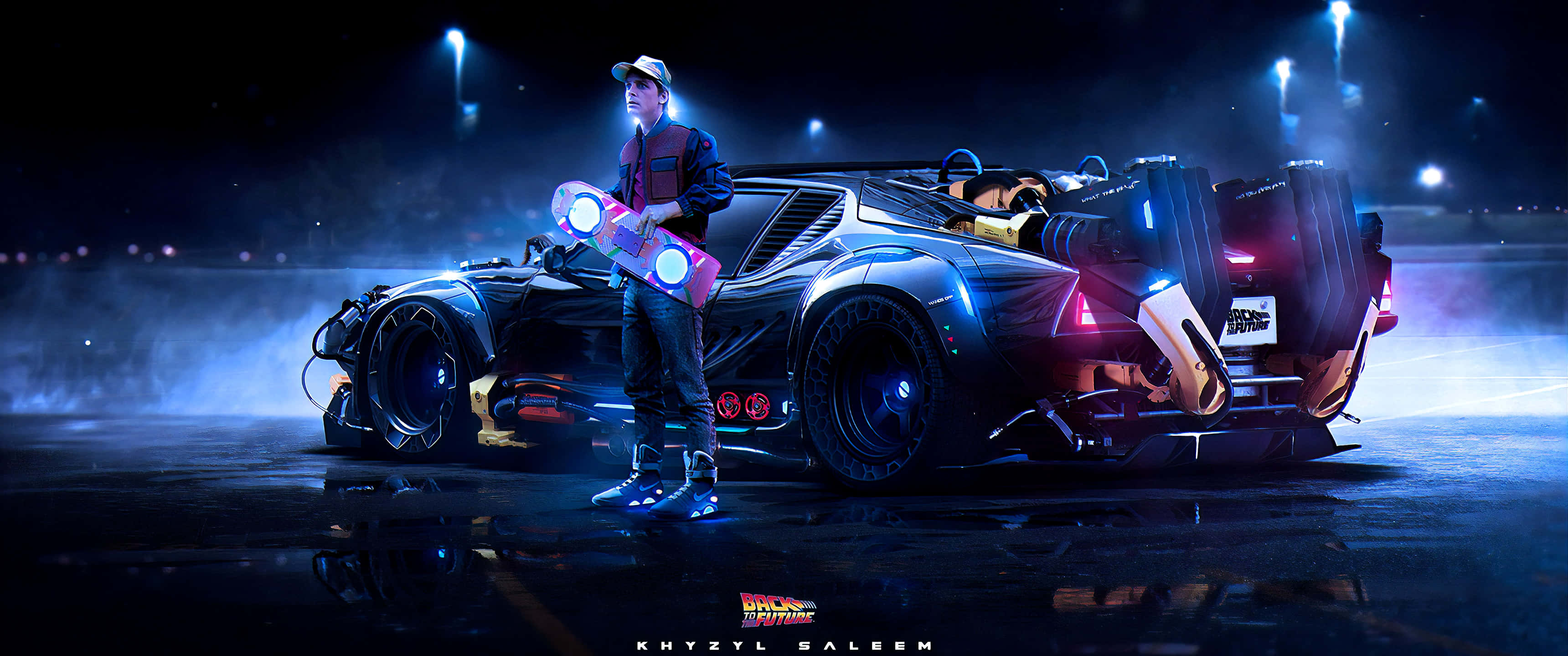 Ultra Wide 桌布 壁紙 — 一位未來賽車手站在發光的黑色賽車旁，在濕滑的夜間賽道上，霓虹燈光閃爍。