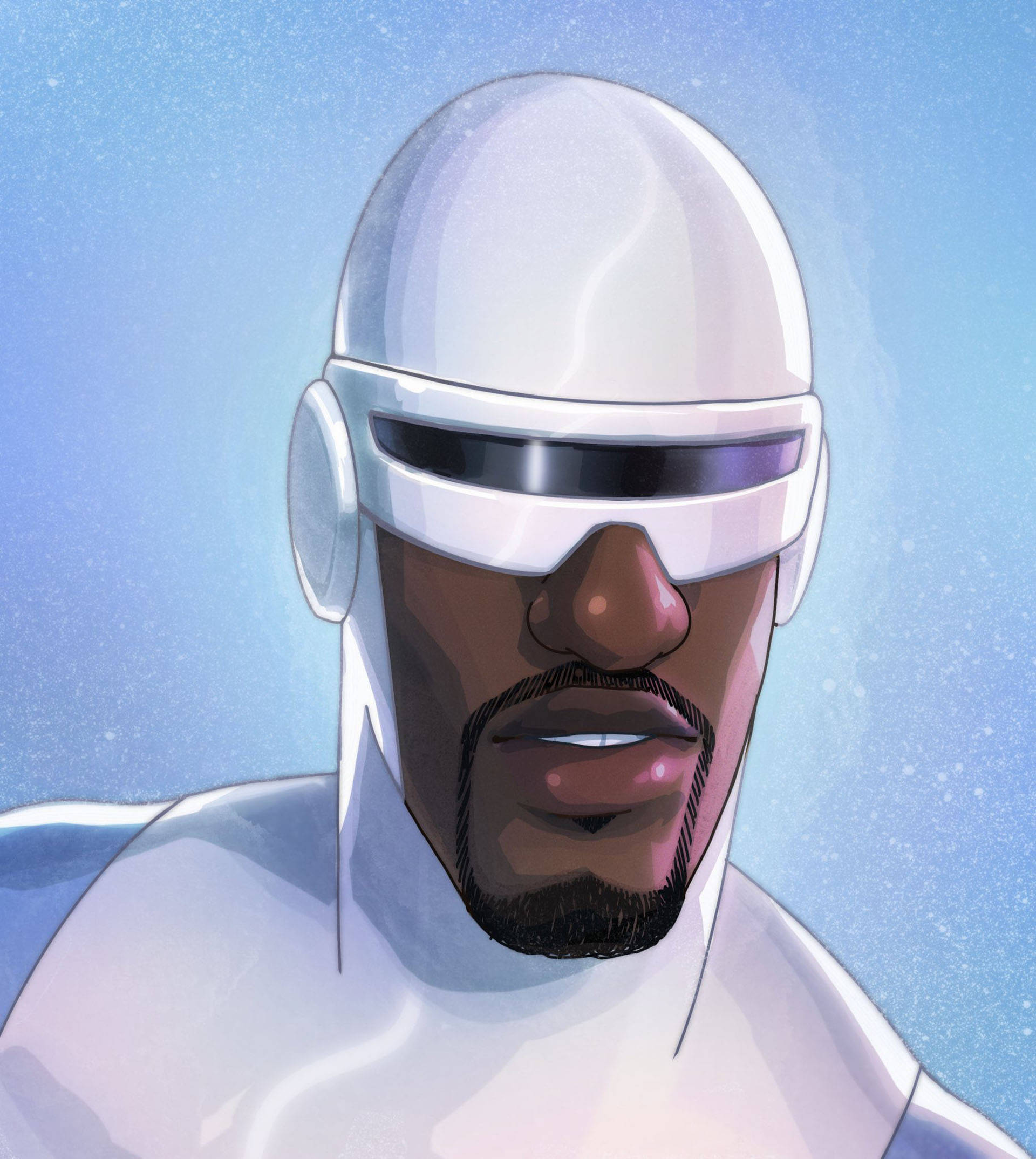 Frozone 桌布 壁紙 — 一位未來超級英雄，戴著白色頭盔和面罩，站在繁星點點的藍天下。