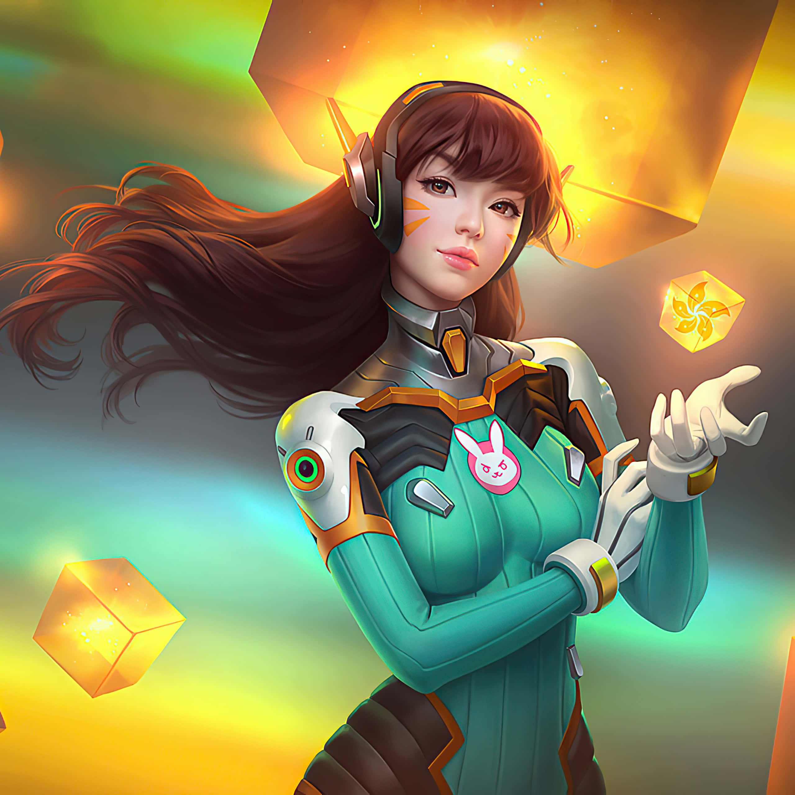 Kawaii Gaming Girl 桌布 壁紙 — 一位未來風格的動畫女性穿著青綠色盔甲，在充滿活力的漸變天空下操控發光的金色立方體。