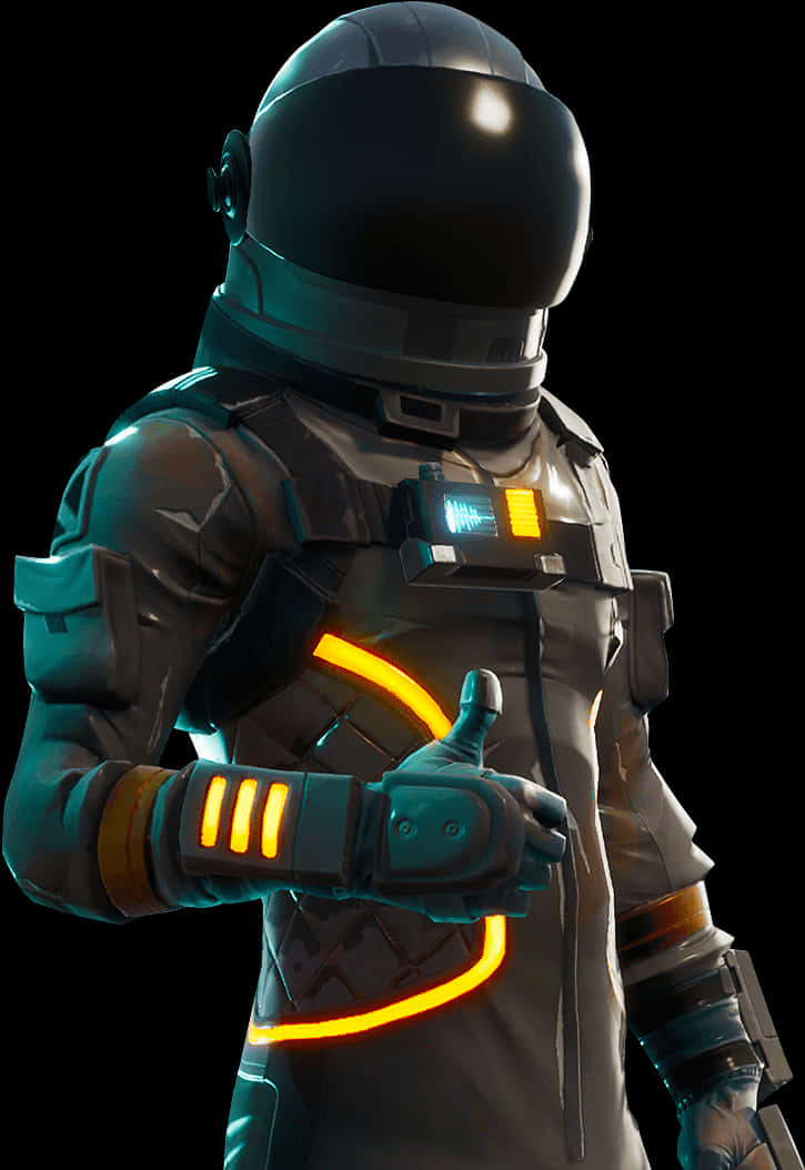 Fortnite Character 桌布 壁紙 — 一位未來風格的太空人，身穿帶有發光橙色點綴的時尚黑色太空衣，在深色背景下豎起大拇指。